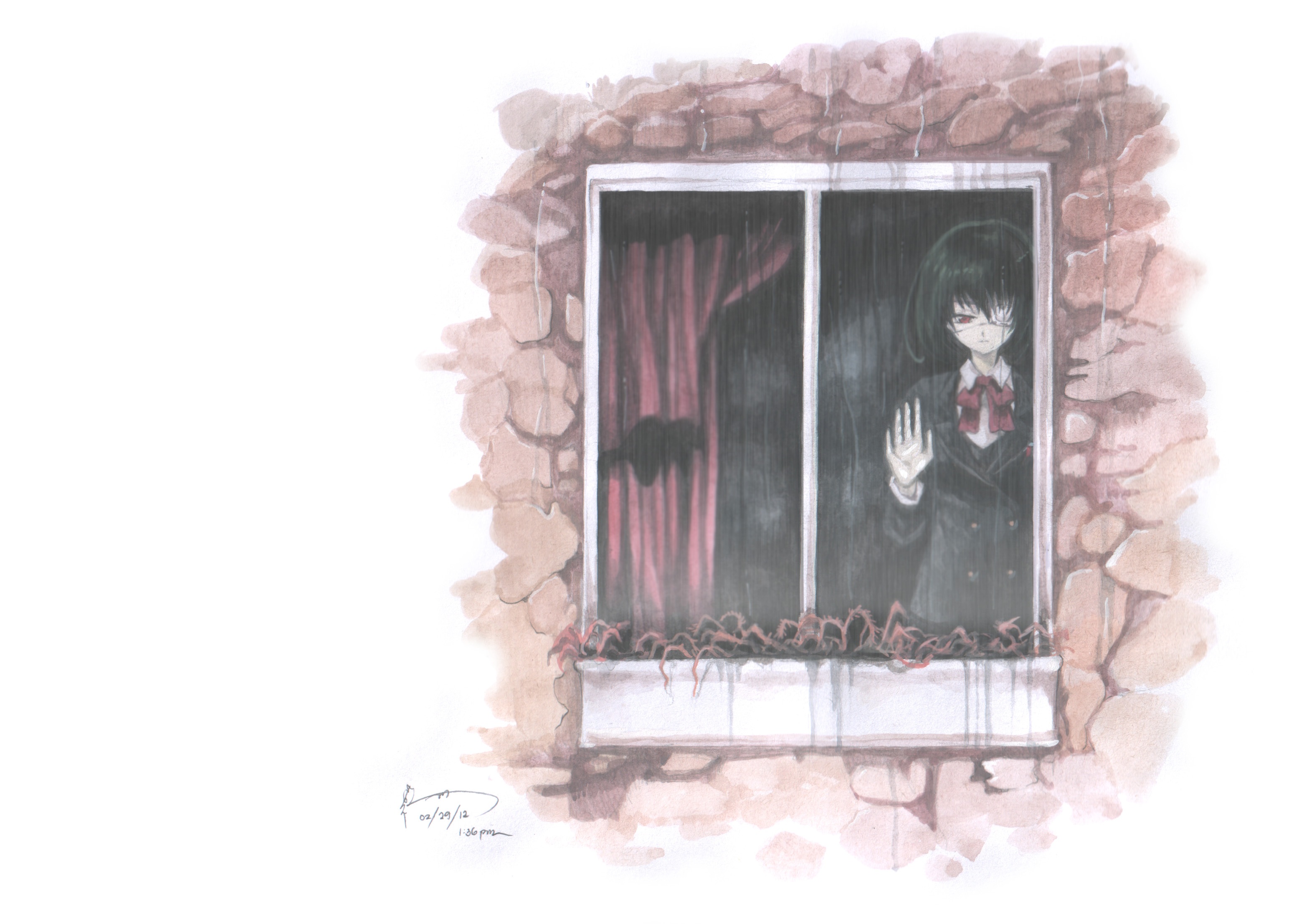 Anime 3111x2213 Another Misaki Mei anime anime girls hands on glass window black hair red eyes eyepatches
