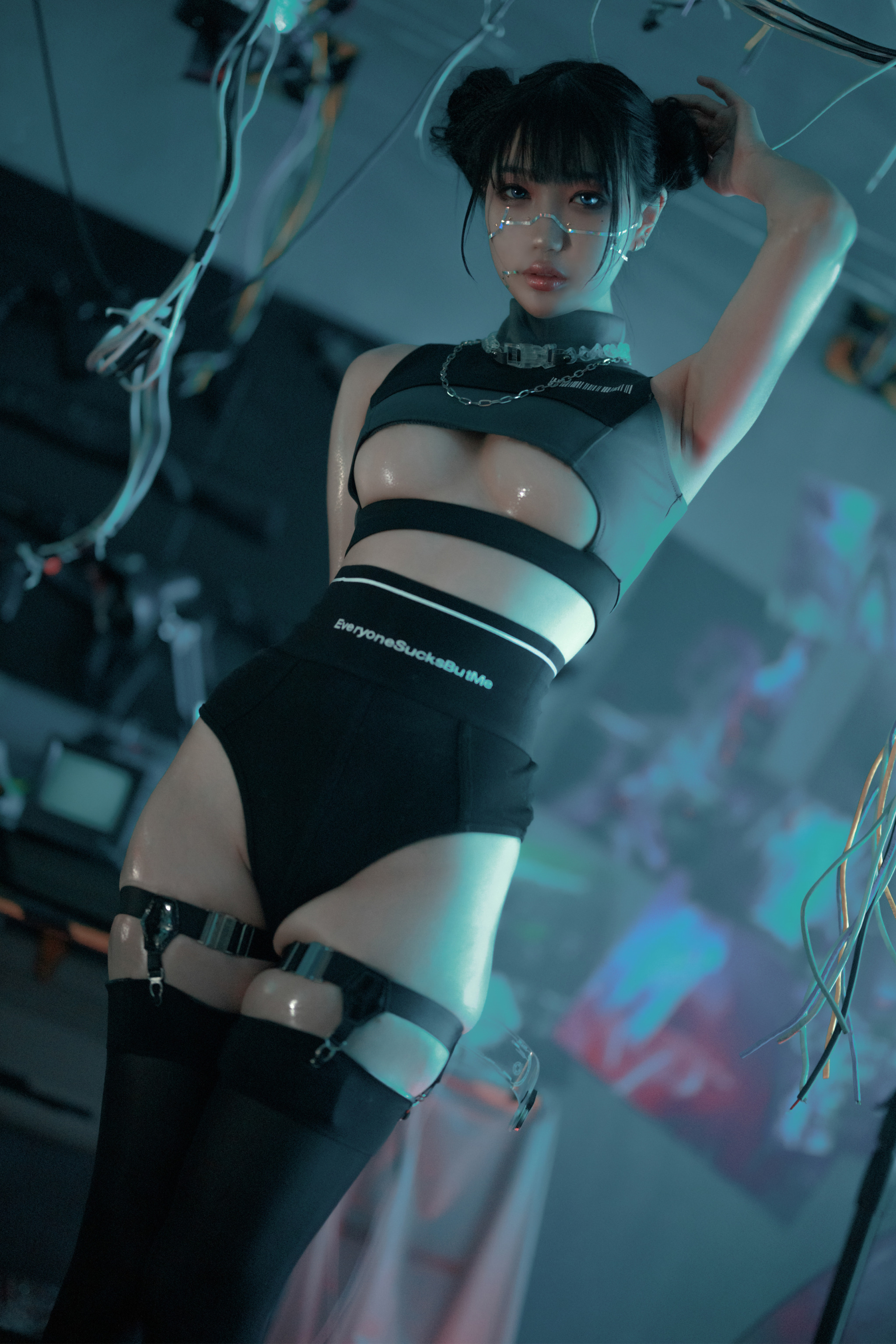 People 2048x3072 Asian women underboob stockings wet body cyberpunk cosplay one-piece swimsuit bodysuit body oil robot Zhou Ji