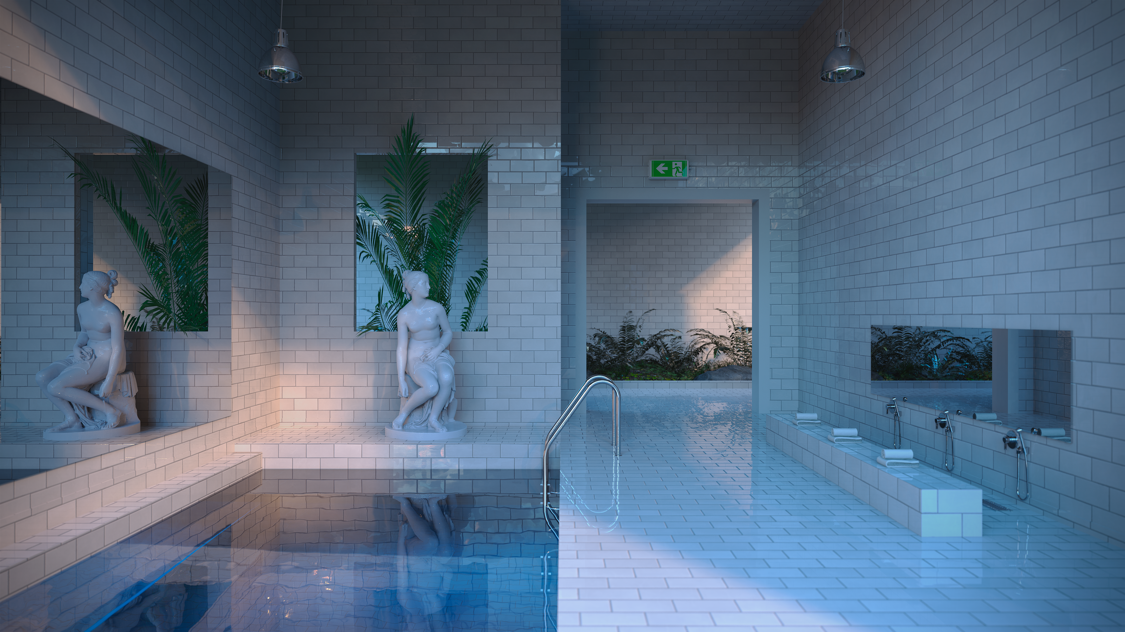 General 3840x2160 CGI digital art Blender architecture interior interior design bath swimming pool statue tiles
