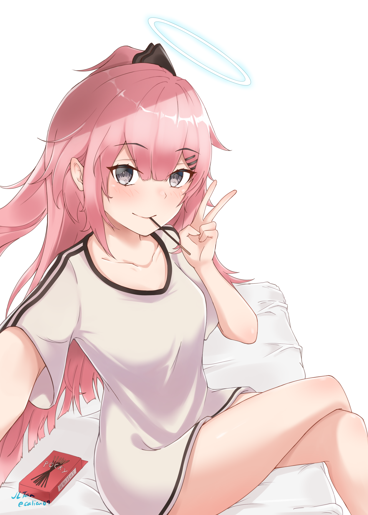 Anime 1250x1750 anime girls Arknights Ambriel (Arknights) pink hair smiling Jl Tan long shirt T-shirt gray eyes Pocky selfies peace sign hand gesture looking at viewer legs