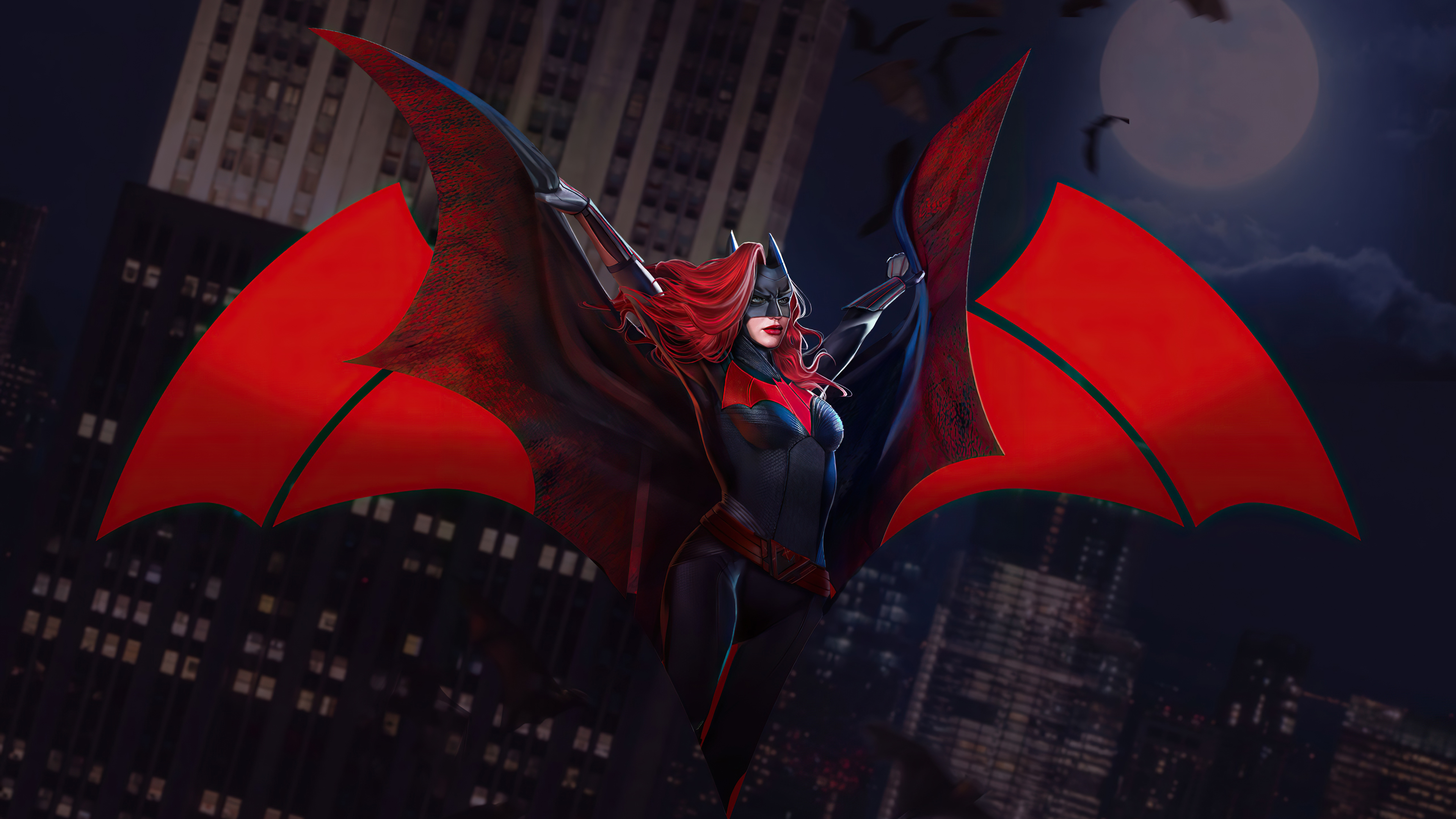 General 3840x2160 Batwoman Injustice 2 4K video games superhero DC Comics building video game girls Moon night bats redhead red lipstick looking away lipstick closed mouth long hair