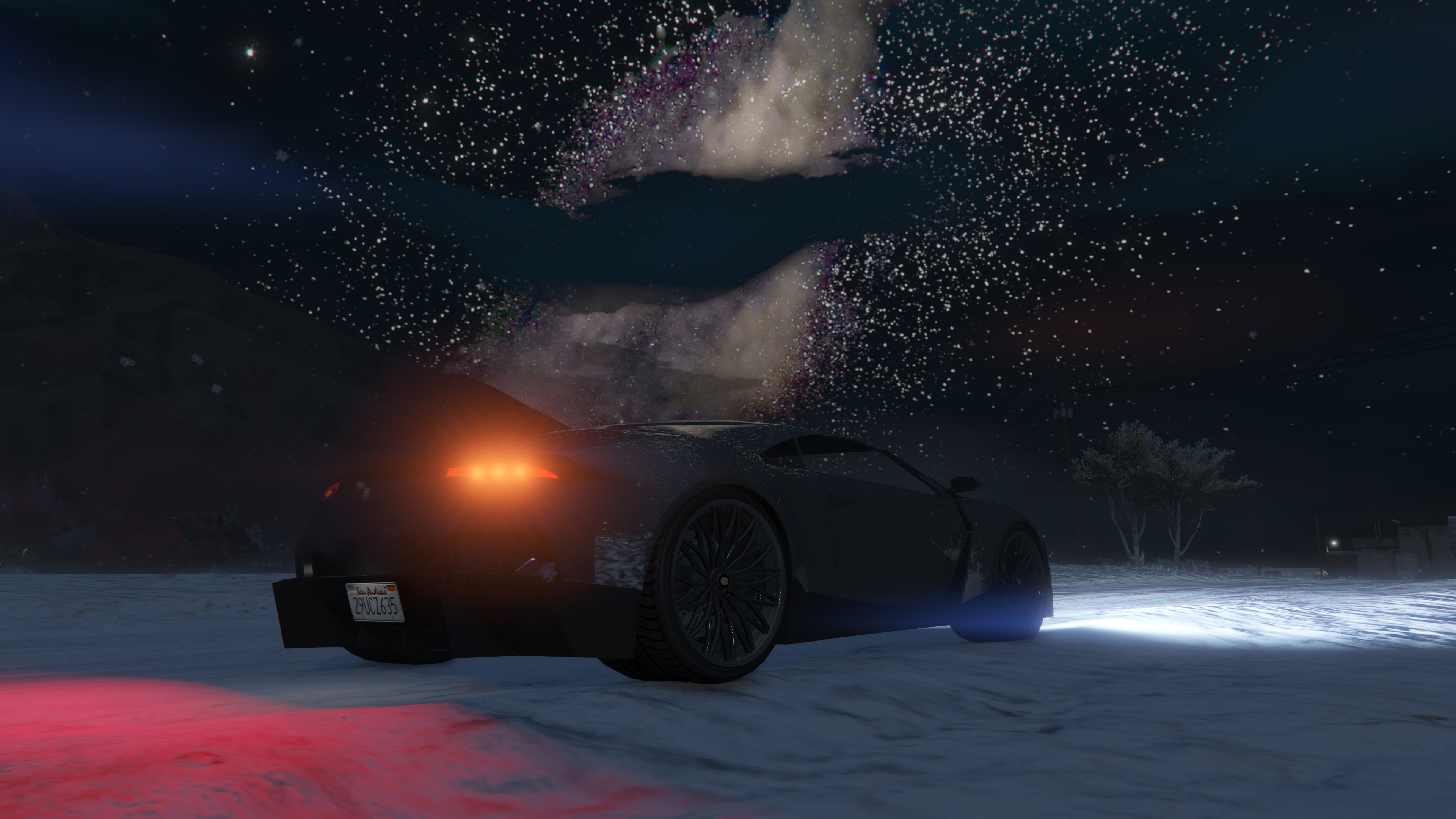 General 3840x2160 Grand Theft Auto V Mount Chiliad Milky Way Lamborghini snow dirt road night night sky video games Rockstar Games