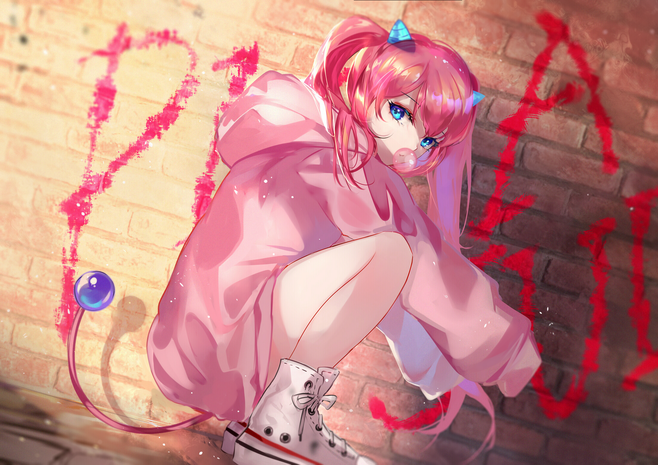 Anime 2200x1556 anime anime girls digital art artwork portrait squatting graffiti bubble gum side view looking at viewer horns tail redhead blue eyes Vardan sneakers pink hair