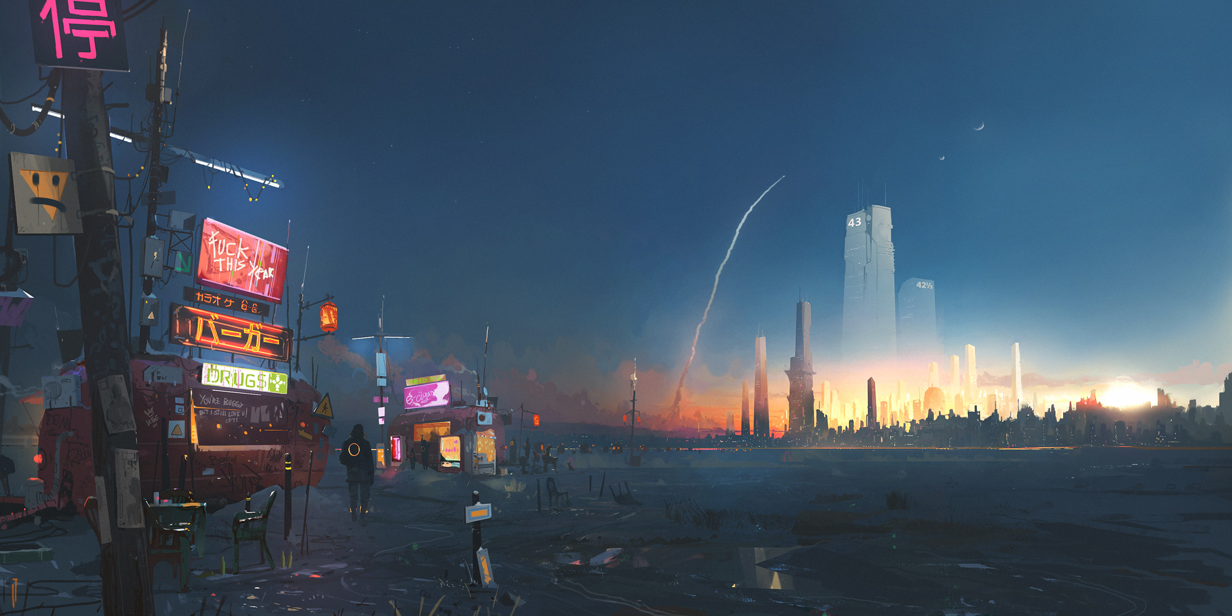 General 2500x1250 artwork digital art cityscape building science fiction Ismail Inceoglu cyberpunk futuristic city rocket road sign sunset