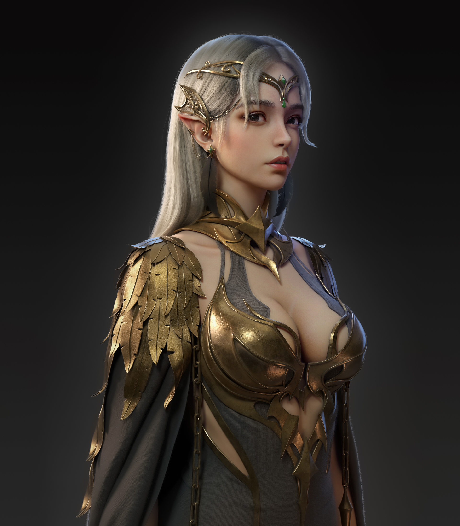General 1920x2194 Yi Jiang CGI women elves silver hair tiaras makeup gold armor simple background cleavage