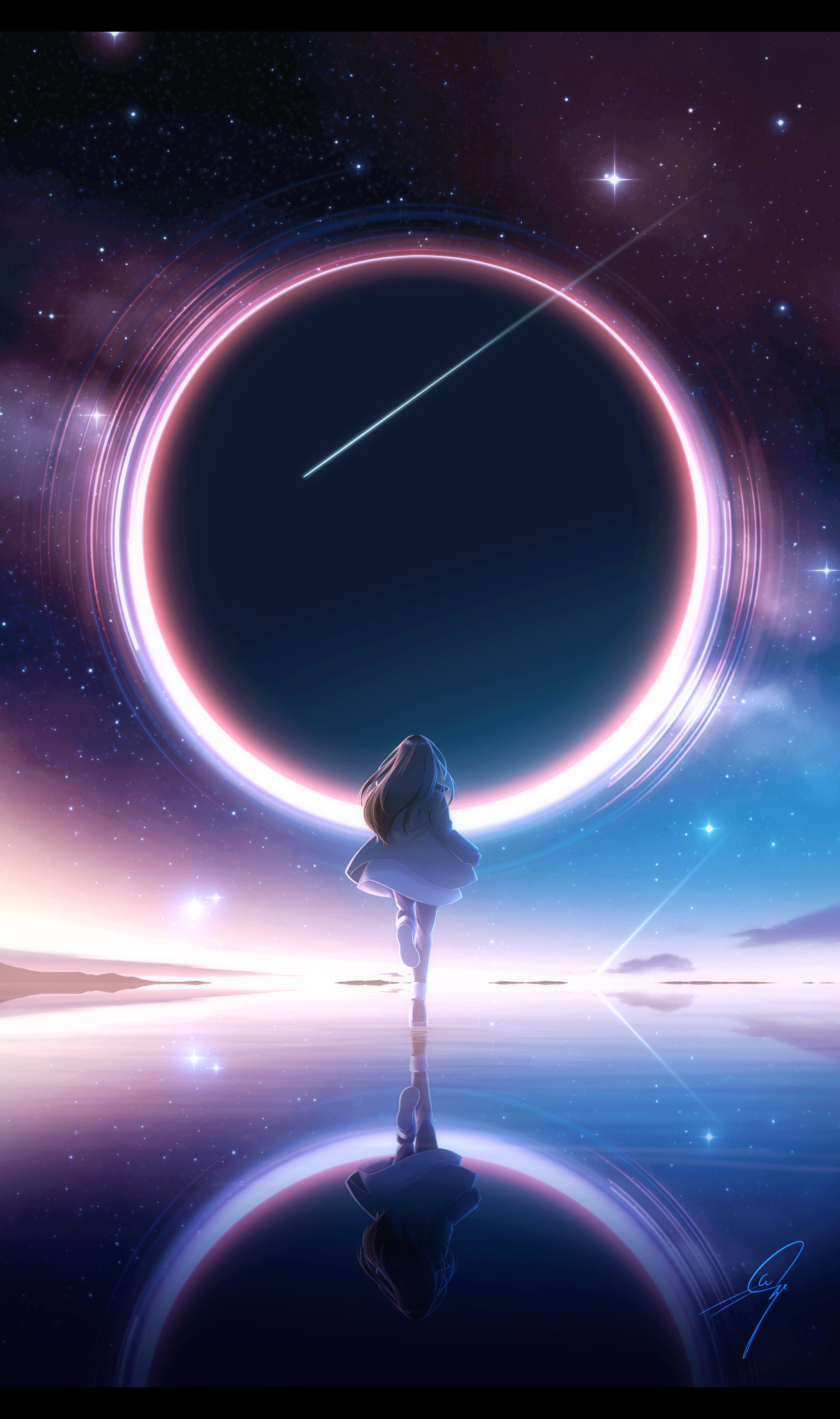 Anime 2180x3680 anime anime girls artwork black holes stars water reflection starry night shooting stars