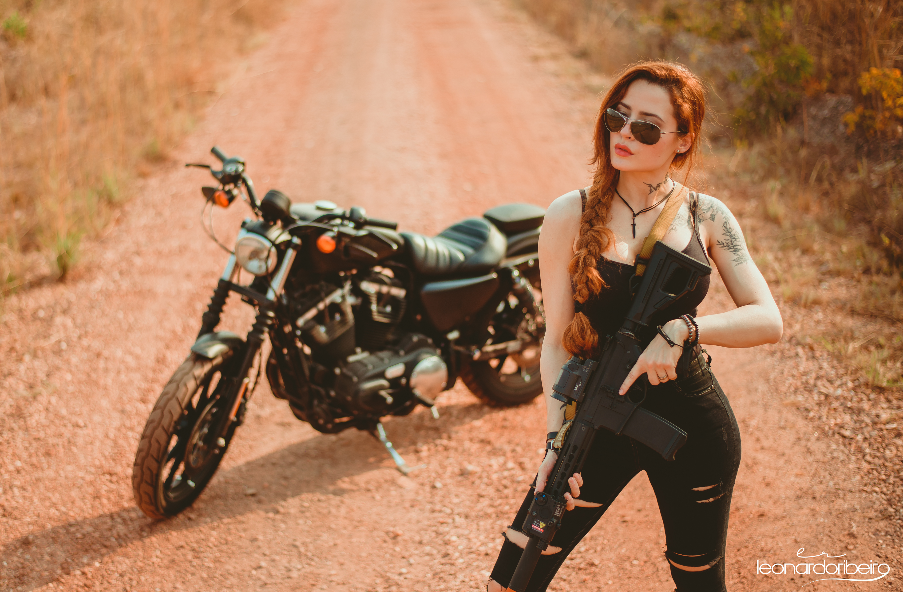 People 3840x2516 Leonardo Ribeiro women model redhead black clothing jeans torn jeans weapon motorcycle women with motorcycles women outdoors Iron 883 Harley-Davidson American motorcycles