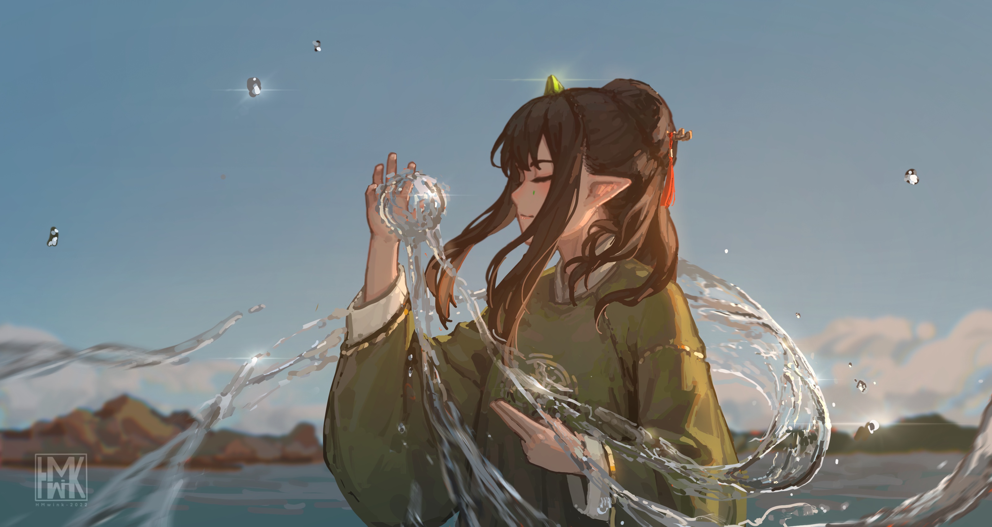 Anime 3200x1700 Hua Ming wink illustration artwork anime girls hanfu Yun Xi water closed mouth closed eyes pointy ears water drops watermarked long hair sidelocks hairbun hair ornament mountains outdoors women outdoors