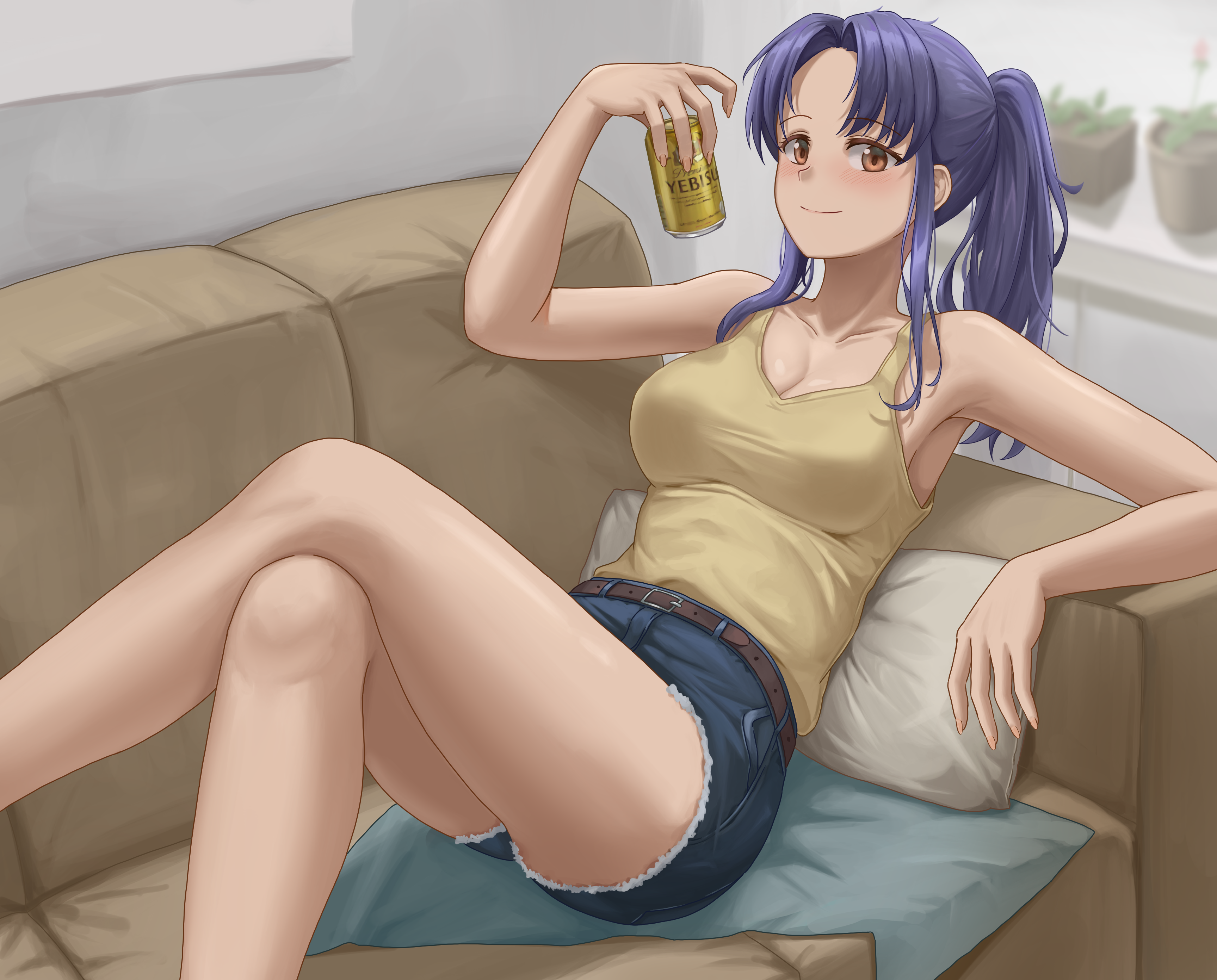Anime 3454x2782 anime anime girls digital art artwork 2D looking at viewer shorts couch purple hair Neon Genesis Evangelion Katsuragi Misato