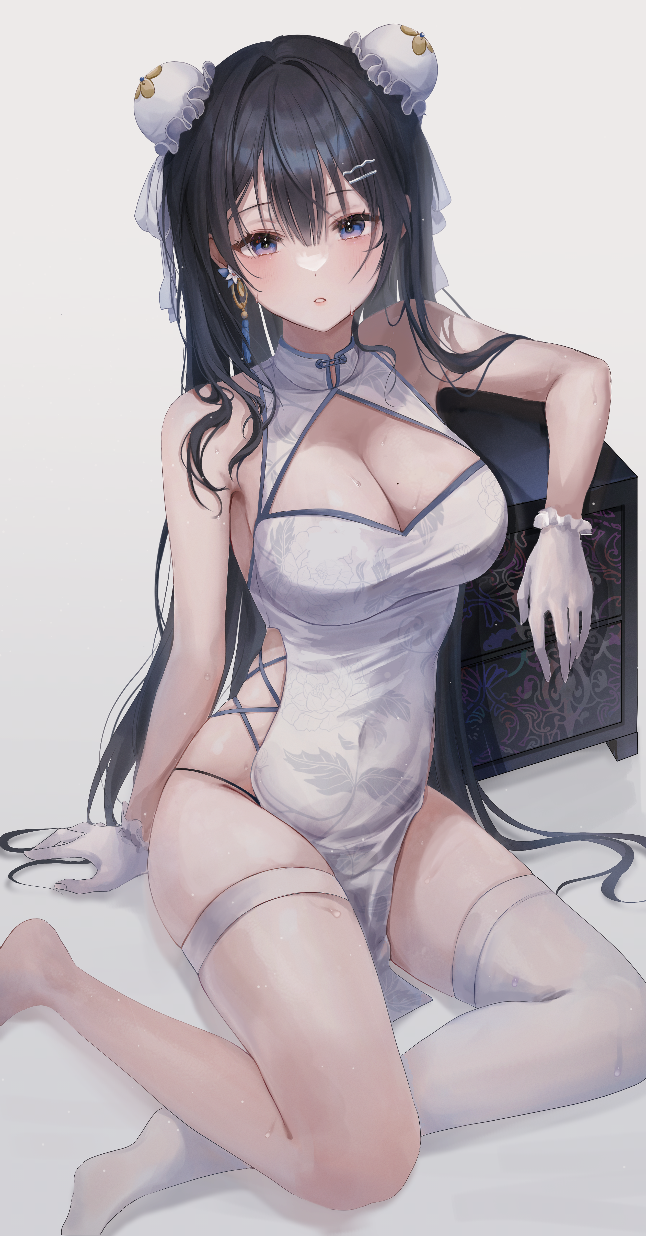 Anime 2528x4832 anime anime girls cleavage big boobs stockings dress blue eyes sweaty body Chinese dress black hair Myowa artwork