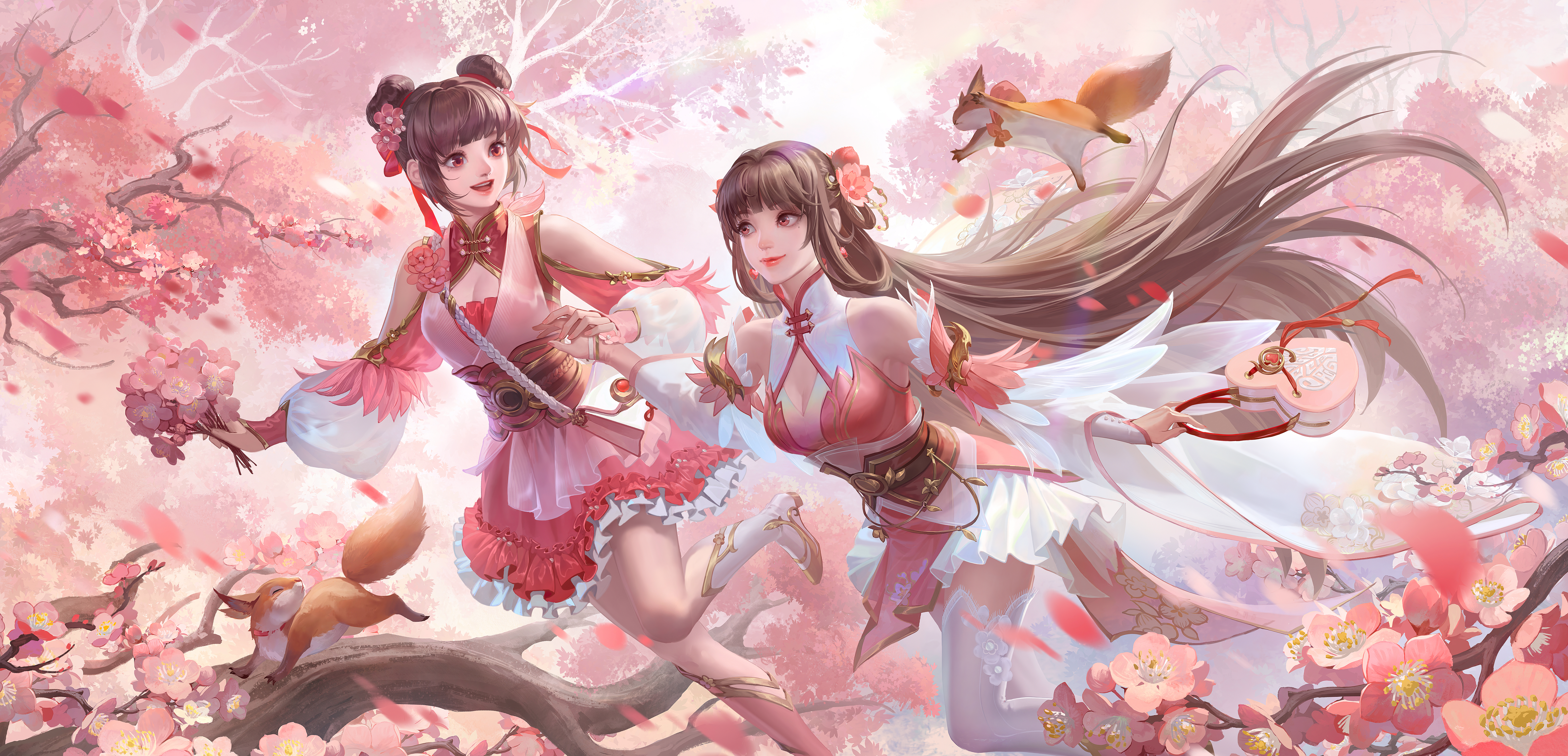 General 7669x3700 video game characters artwork video games Honor of Kings long hair video game girls dress holding hands smiling flower in hair twin buns squirrel animals branch flowers