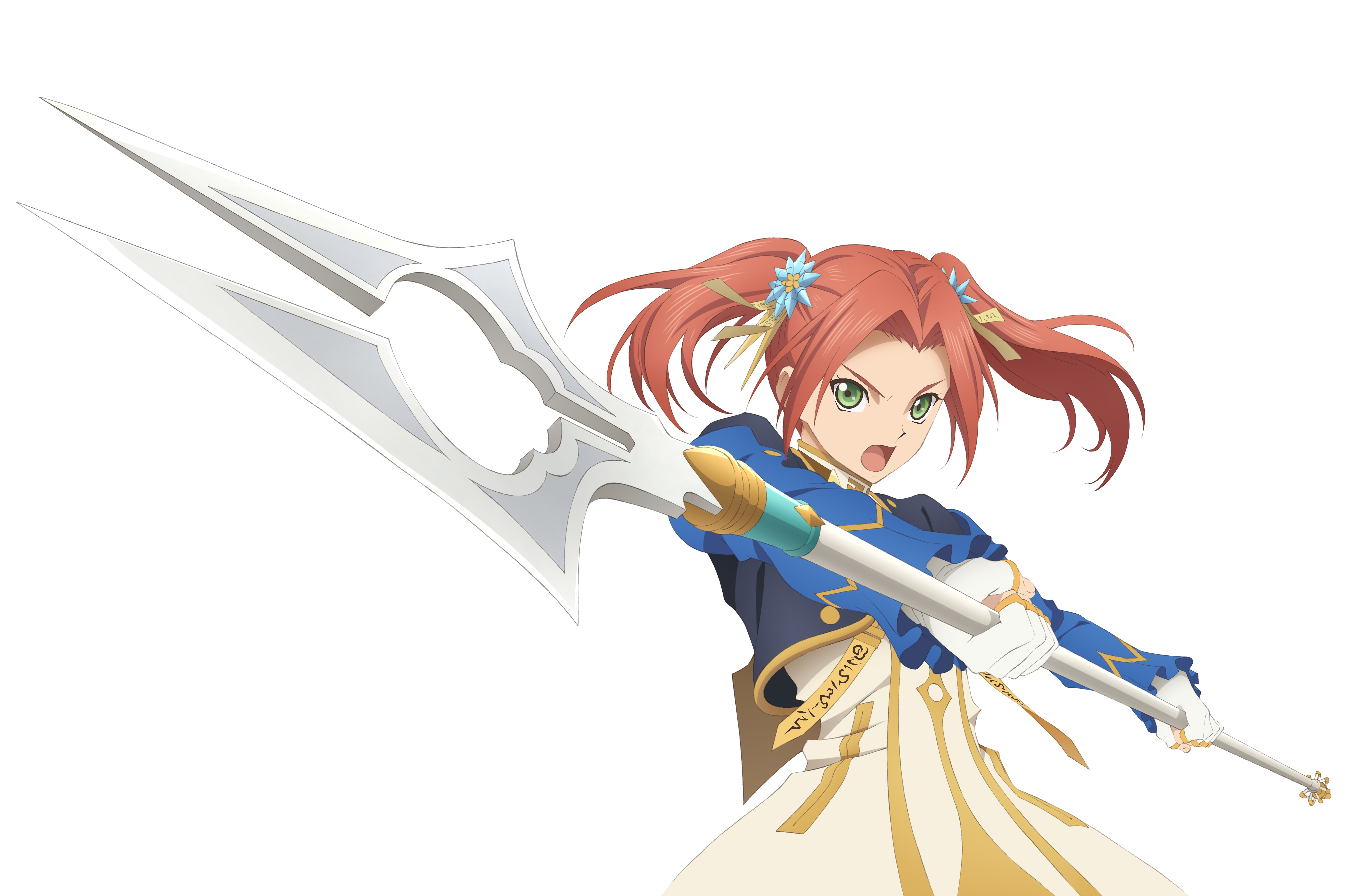 Anime 6587x4347 white background redhead twintails green eyes Eleanor Hume detailed high detail Tales of Berseria Caucasian anime girls blue jacket looking at viewer spear