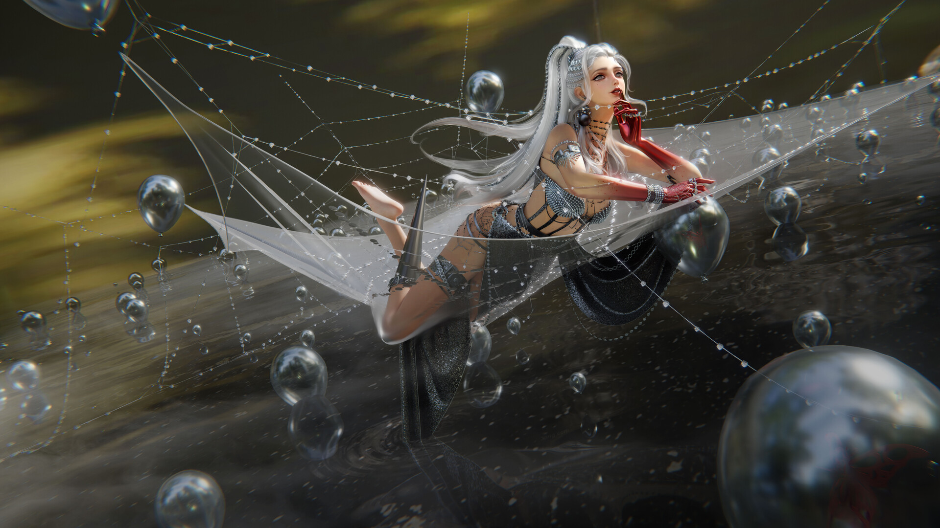 General 1920x1080 character design  digital art CGI artwork illustration women white hair Asian concept art spiderwebs balloon long hair abstract