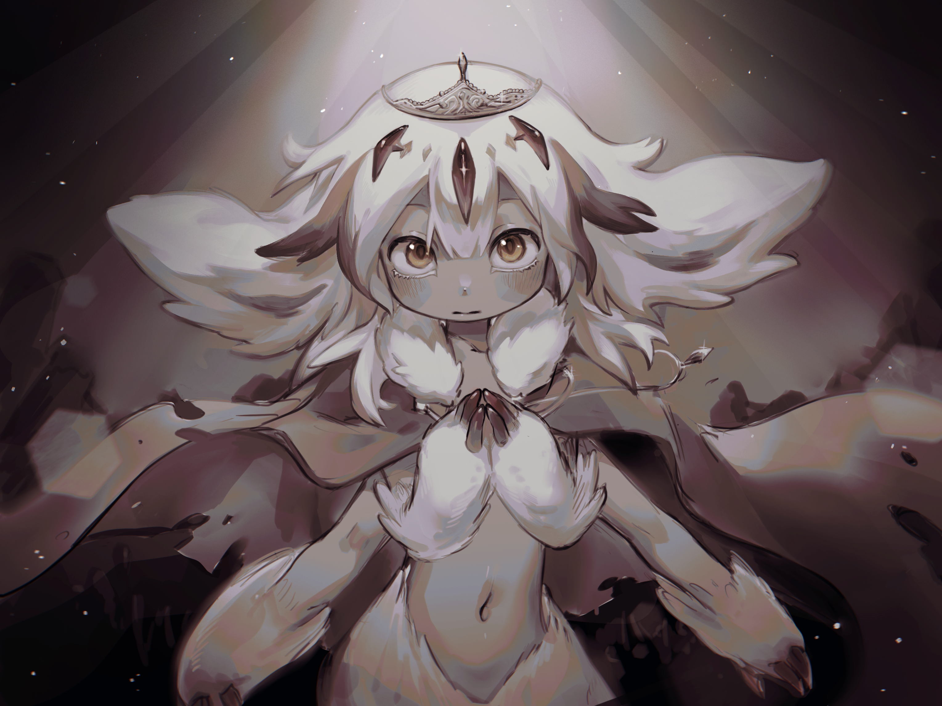 Anime 3058x2294 anime monster girl Made in Abyss fur bangs animal ears bare shoulders dark skin claws looking at viewer necklace crown belly belly button blushing Faputa (Made in Abyss) folded hands