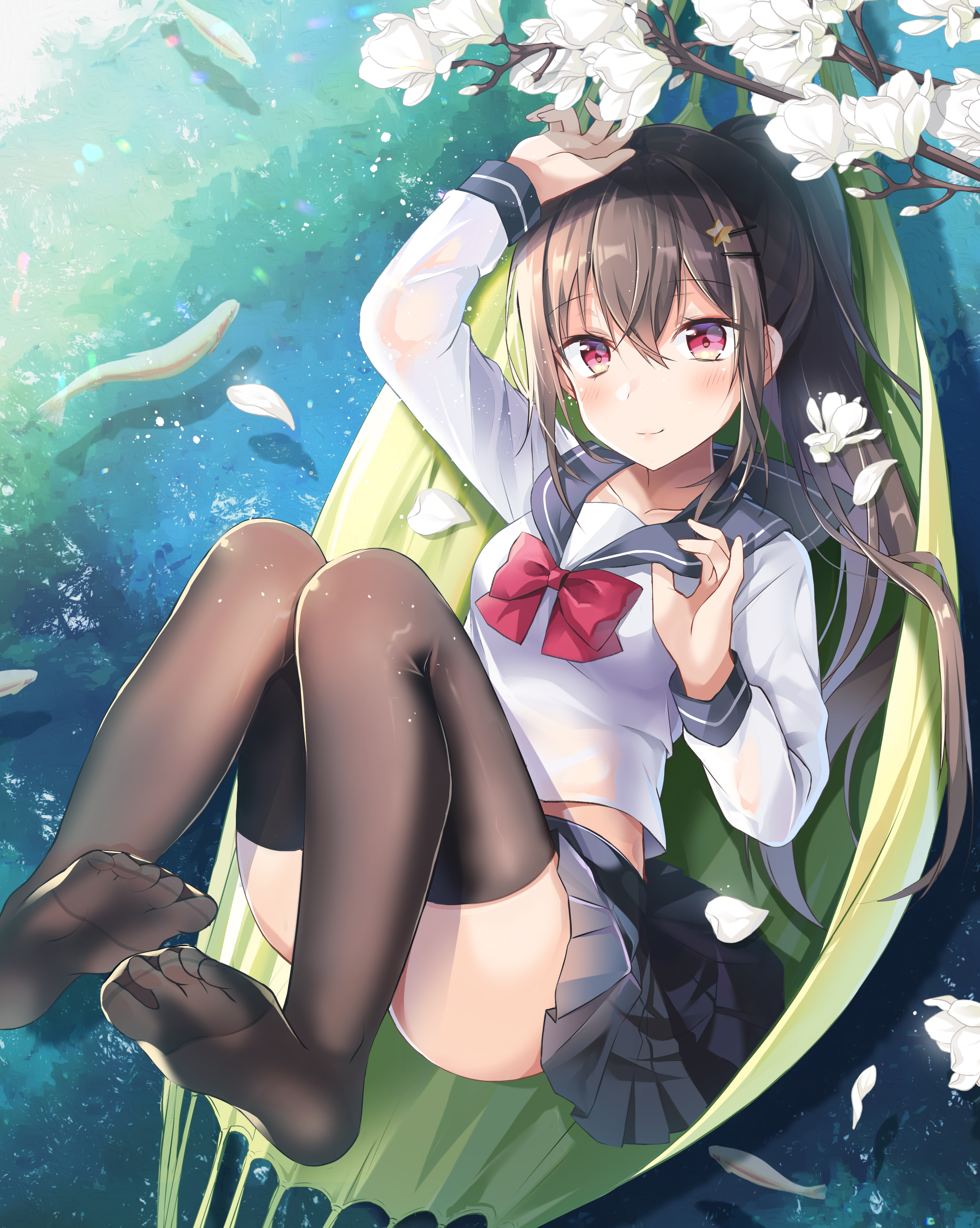 Anime 3134x3927 school uniform sailor uniform anime girls red eyes petals schoolgirl hammocks water