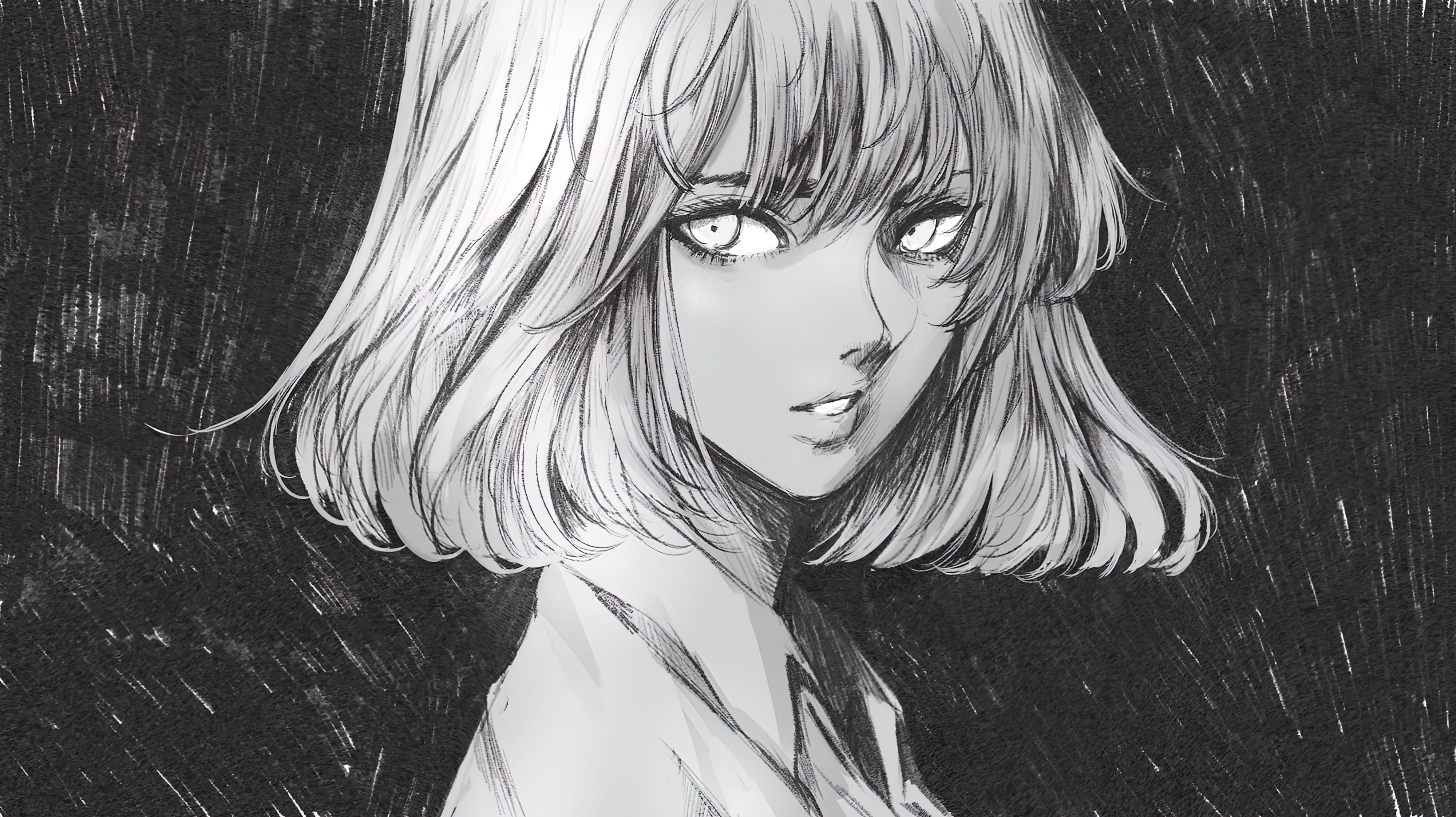 Anime 4000x2246 anime girls anime face monochrome wataboku artwork looking at viewer drawing short hair parted lips simple background