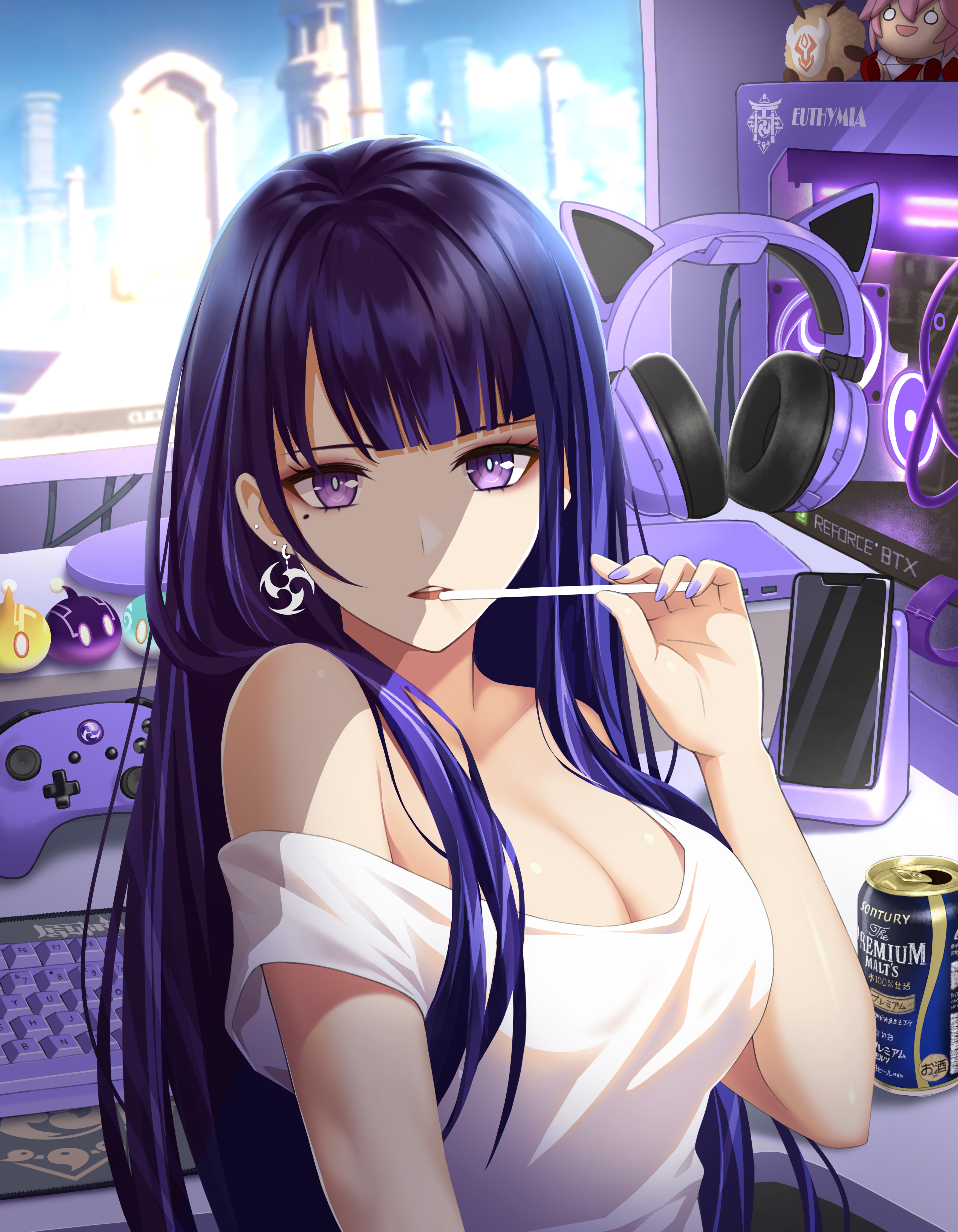 Anime 3500x4500 anime anime girls soki Genshin Impact Sony Kisaragi artwork purple hair long hair purple eyes tank top bare shoulders cleavage big boobs