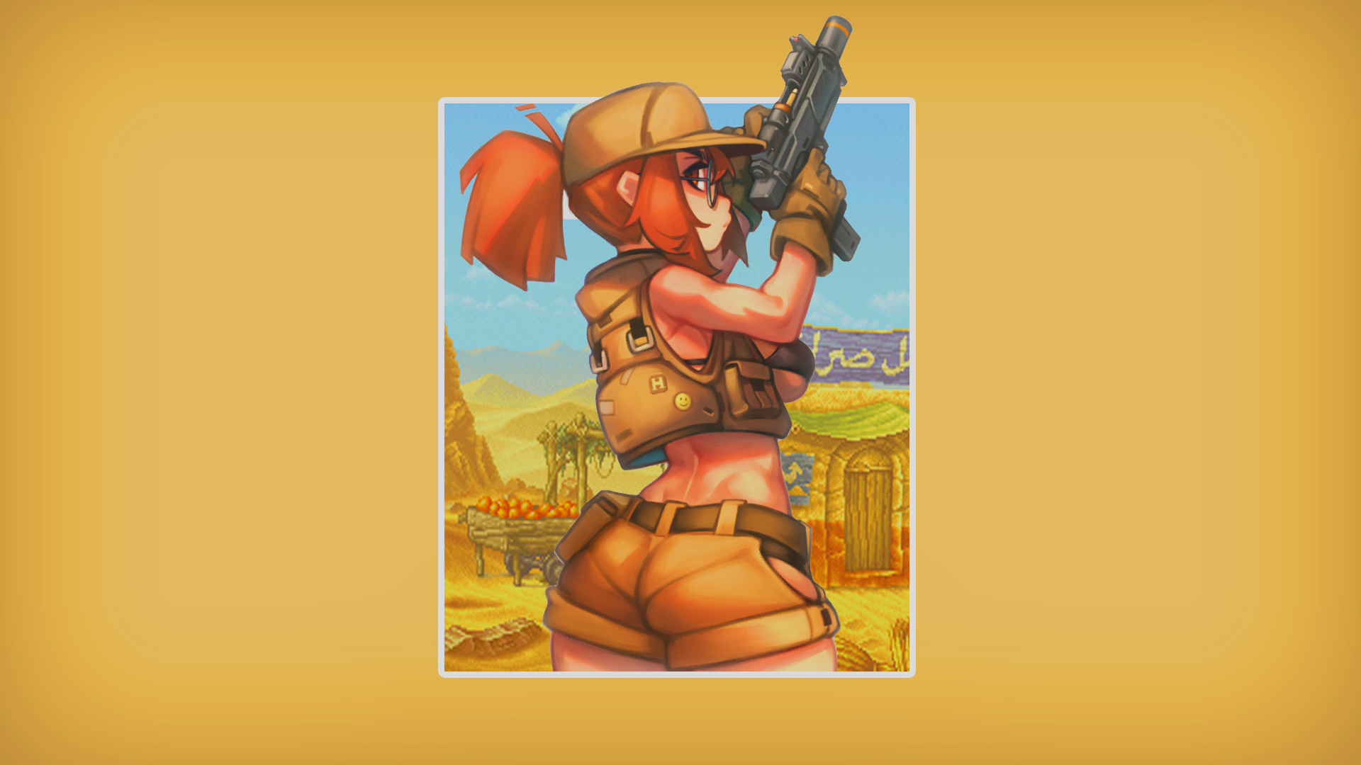 Anime 1920x1080 anime anime girls picture-in-picture simple background Metal Slug Fio Germi shorts ass gun girls with guns hat