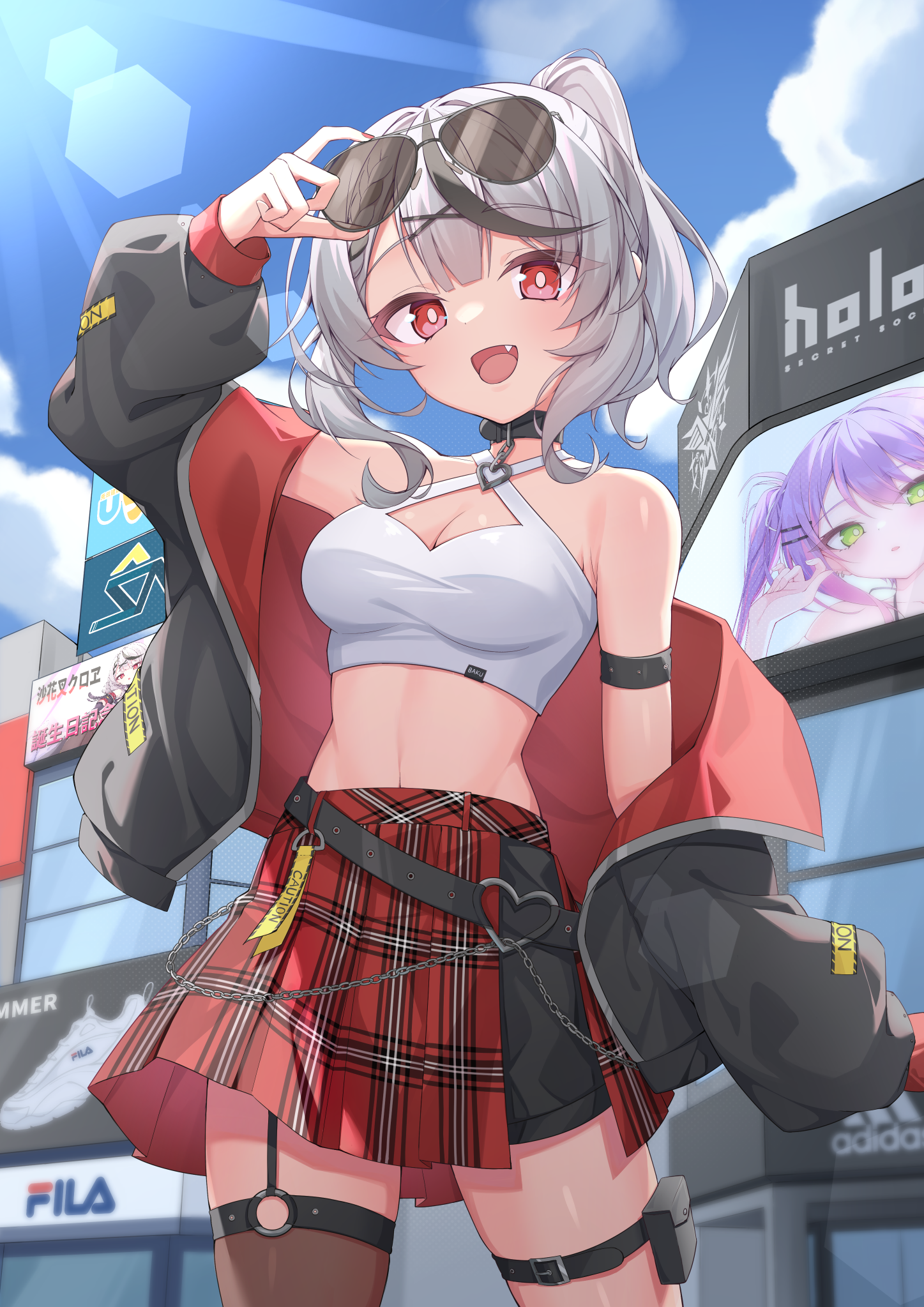 Anime 1447x2047 digital art anime anime girls portrait portrait display looking at viewer Pixiv petite gray hair red eyes skirt miniskirt belly belly button open mouth 2D Hololive Sakamata Chloe Virtual Youtuber