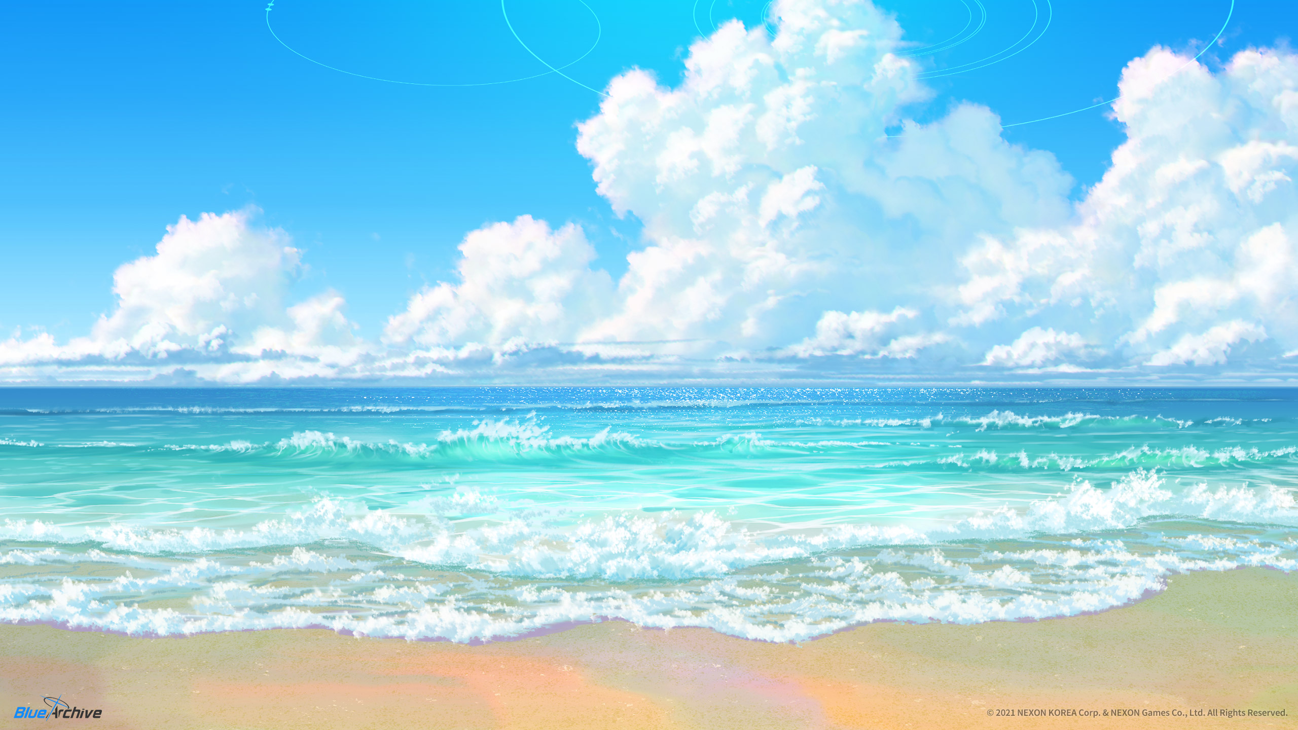 Anime 2560x1440 Blue Archive beach sea water waves clouds