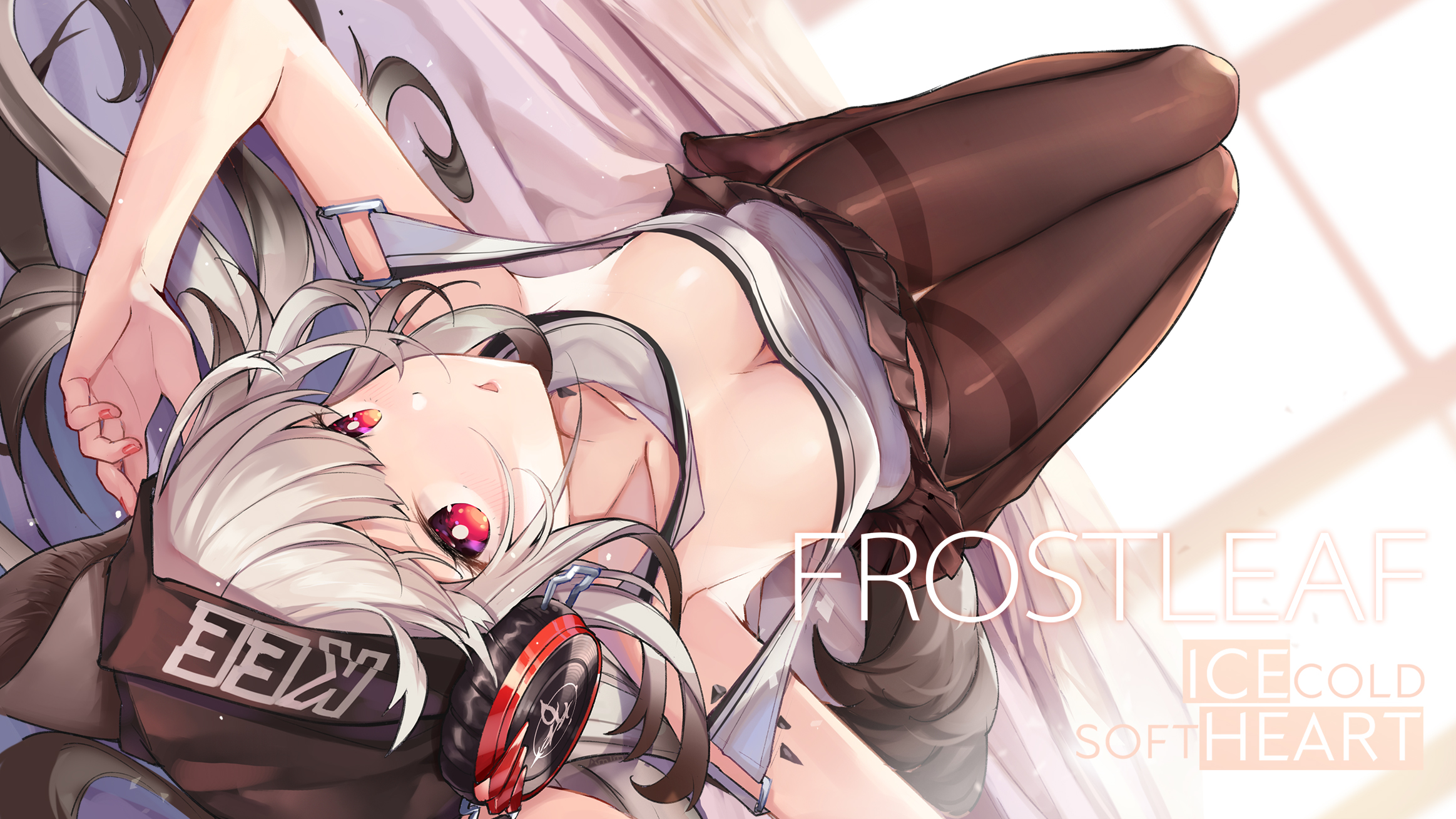 Anime 2327x1309 Arknights cleavage pantyhose in bed silver hair red eyes Frostleaf(Arknights) anime girls am1m