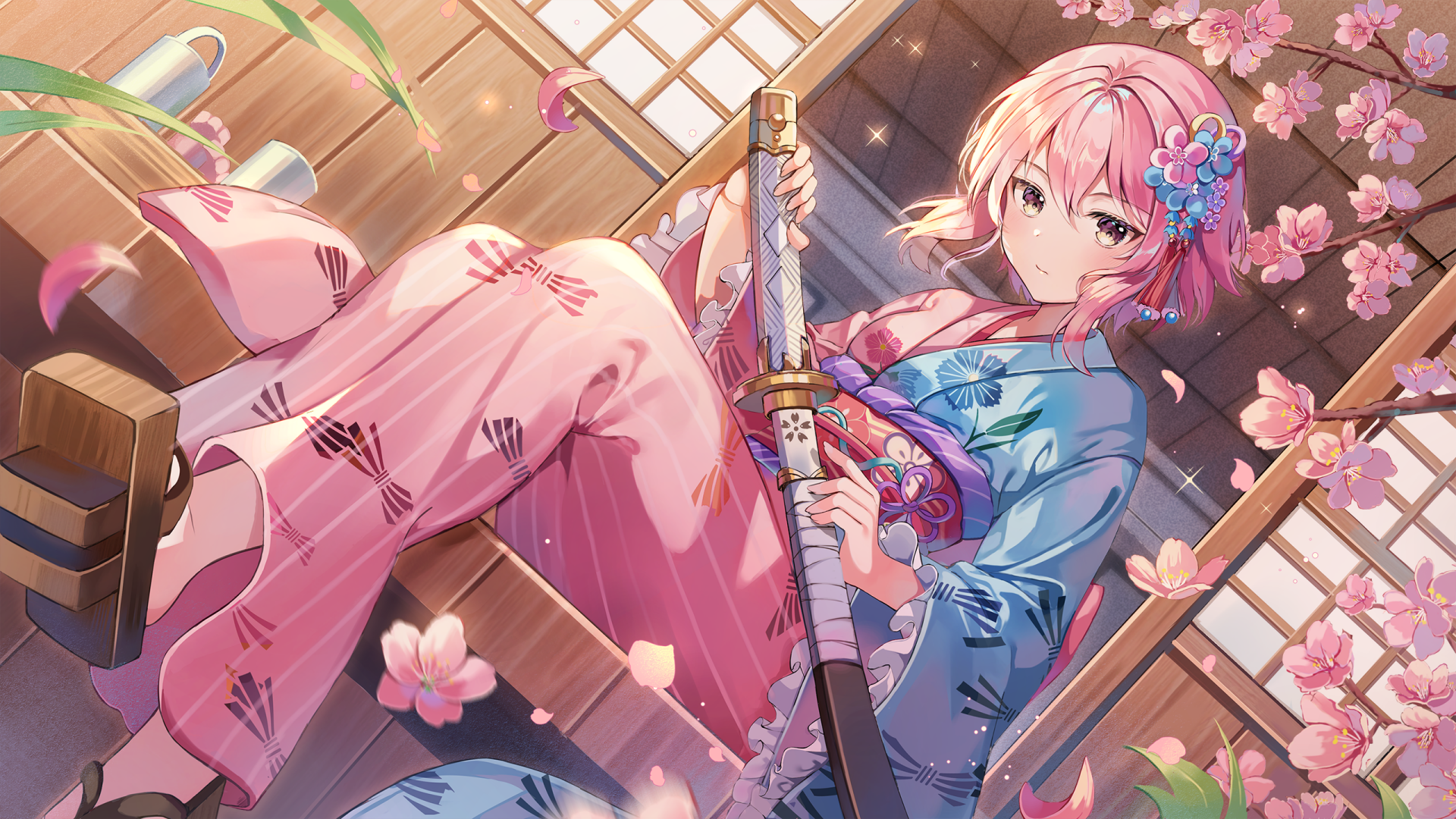 Anime 1920x1080 anime anime girls Alchemy Stars fantasy art fantasy girl sword weapon katana women with swords cherry blossom pink hair flower in hair pink clothing sitting