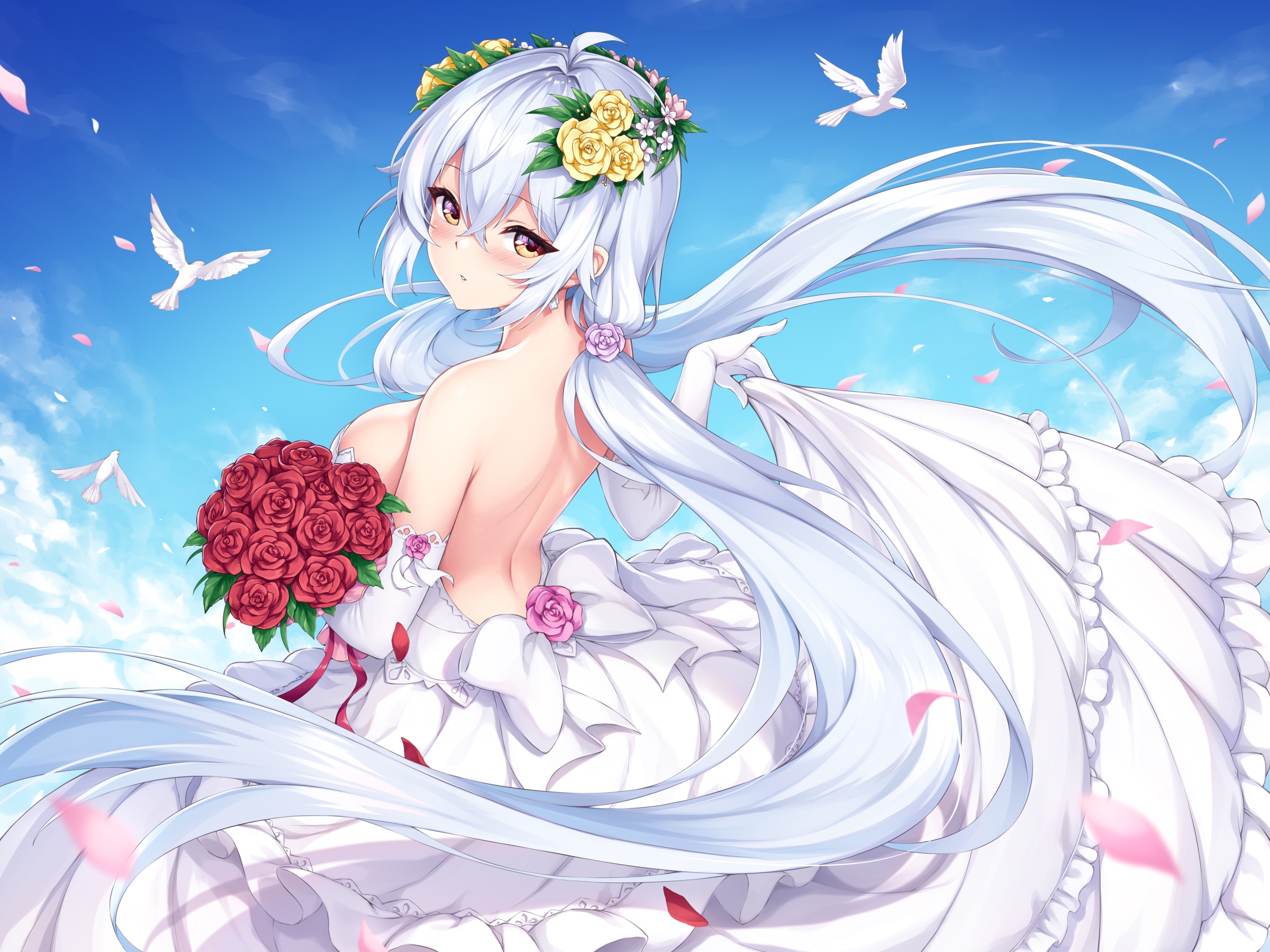 Anime 2400x1800 anime anime girls big boobs wedding dress red flowers bareback long hair white hair Rapua Qive Ivenglynn