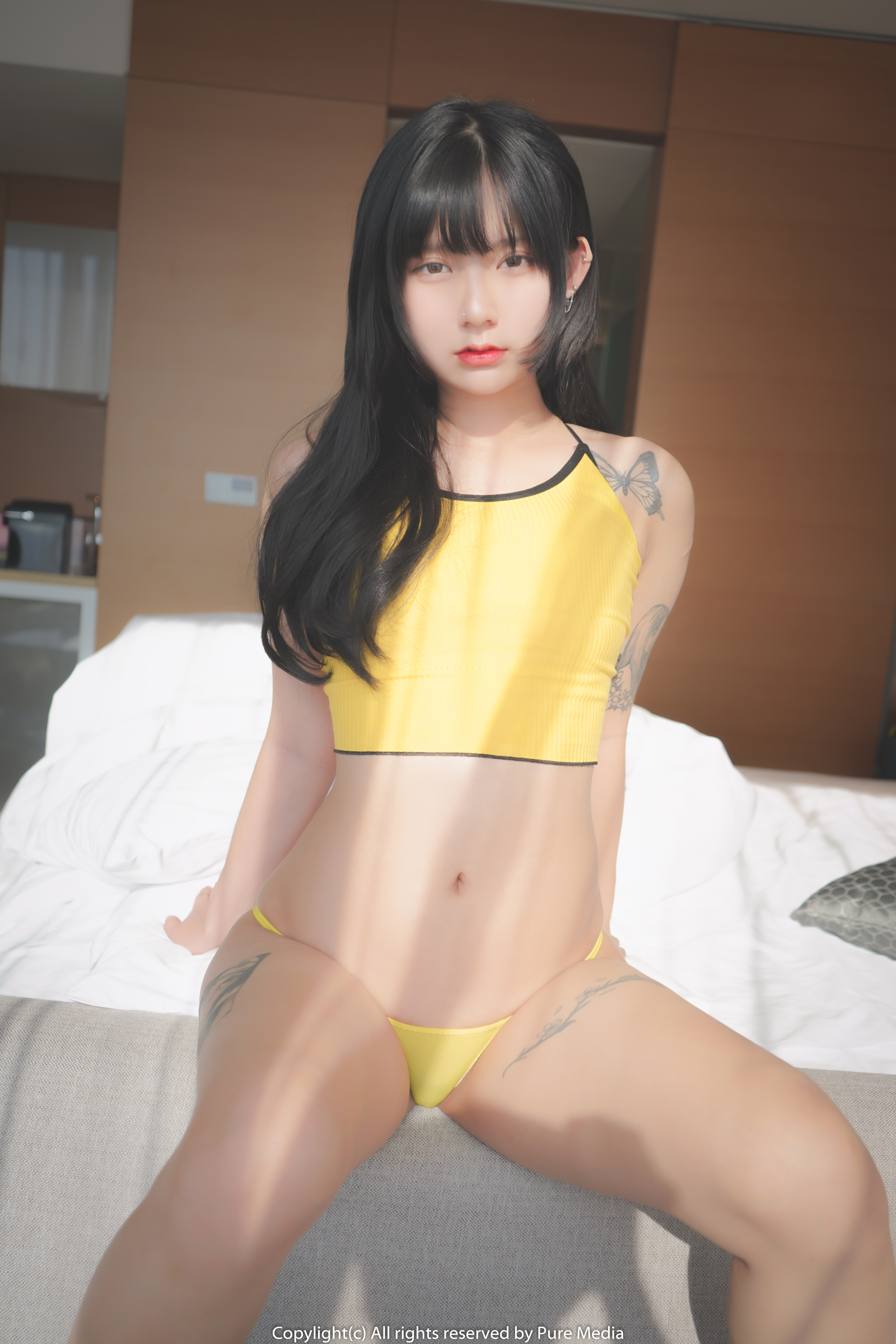 People 3335x5000 Hizzy Pure Media women model Asian yellow tops underwear panties yellow panties sitting indoors women indoors pale short hair