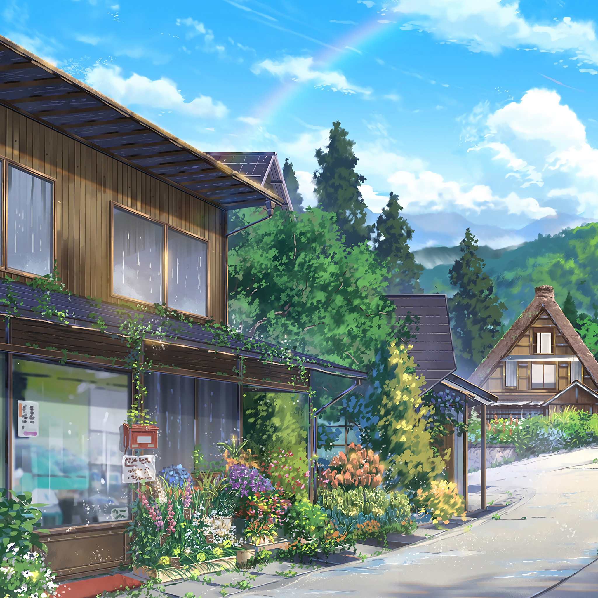 Anime 2048x2048 painting artwork building plants town