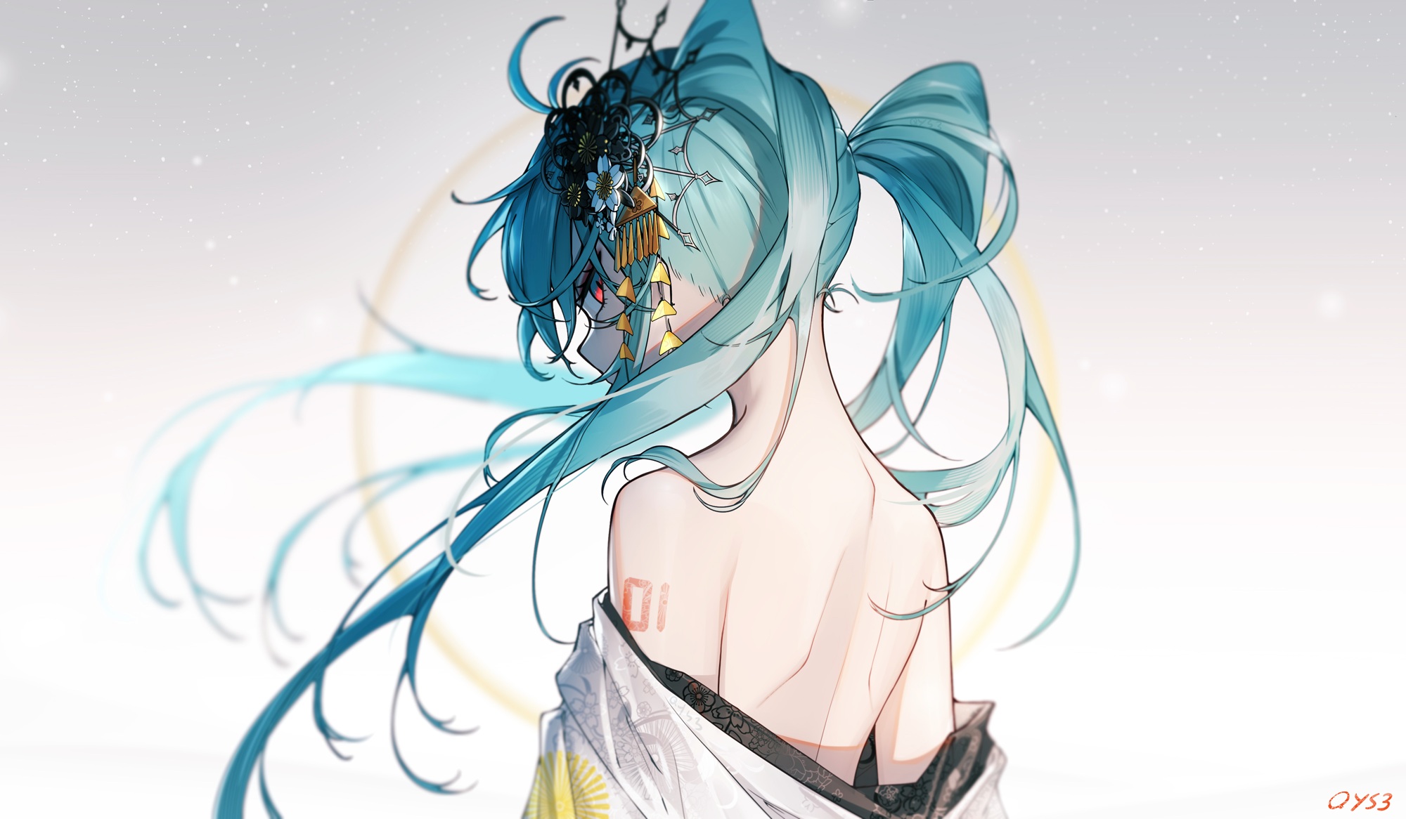 Anime 2000x1166 anime anime girls artwork white background Bai Yemeng Vocaloid Hatsune Miku bare shoulders twintails blue hair red eyes