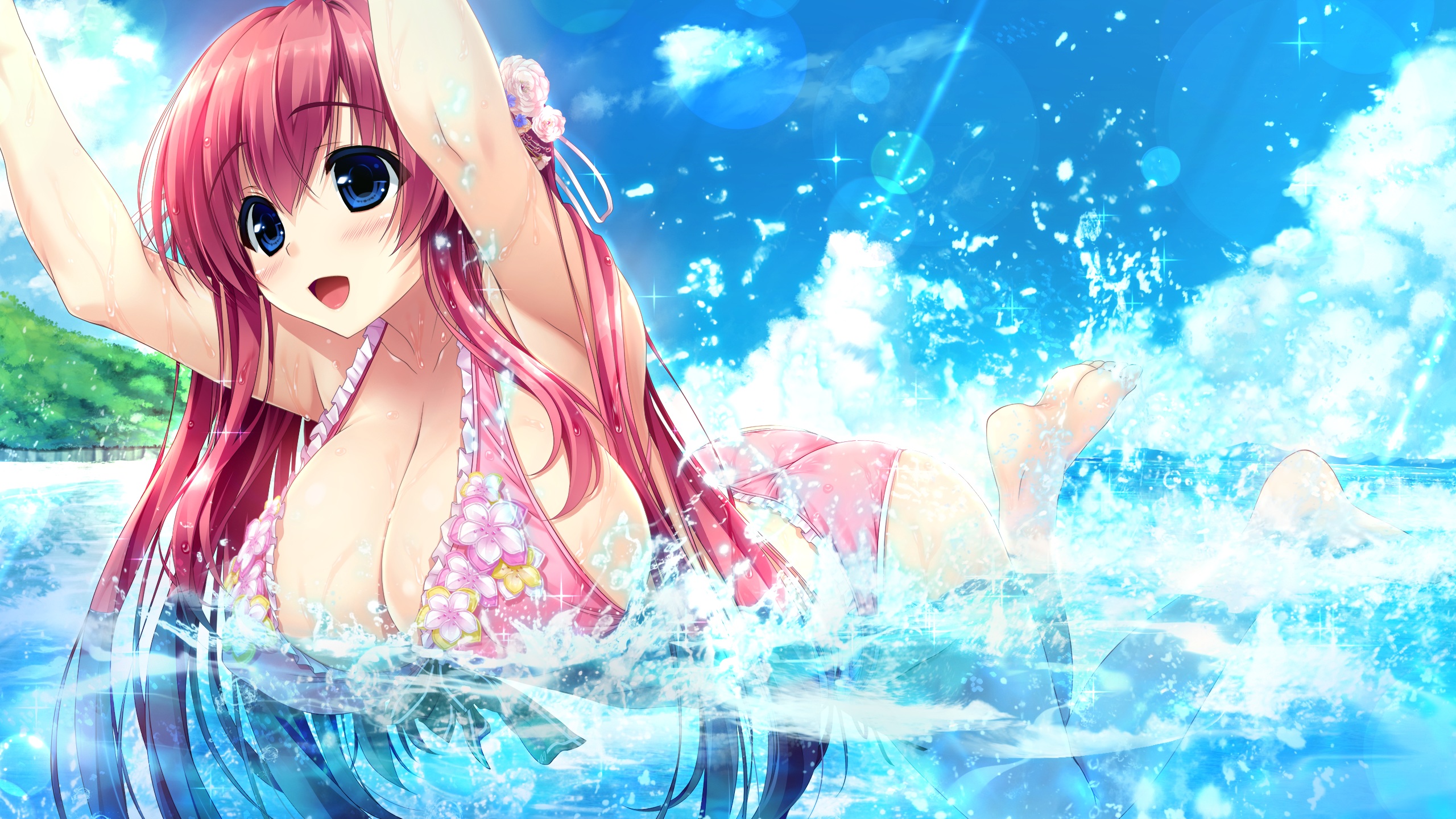Anime 2560x1440 Harugasaki Kanau Haruru Minamo ni! blue eyes bikini cleavage Shintarou armpits pink hair swimming water drops pink bikini clouds