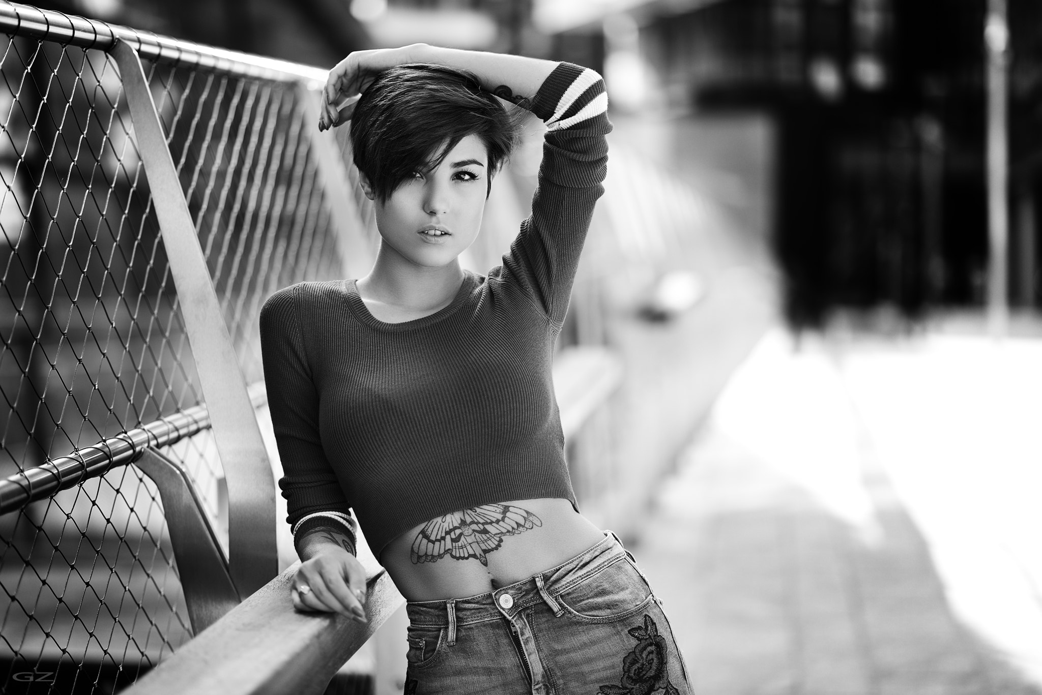 People 2048x1367 women 500px Giovanni Zacche arms up tattoo women outdoors urban monochrome Giorgia Soleri