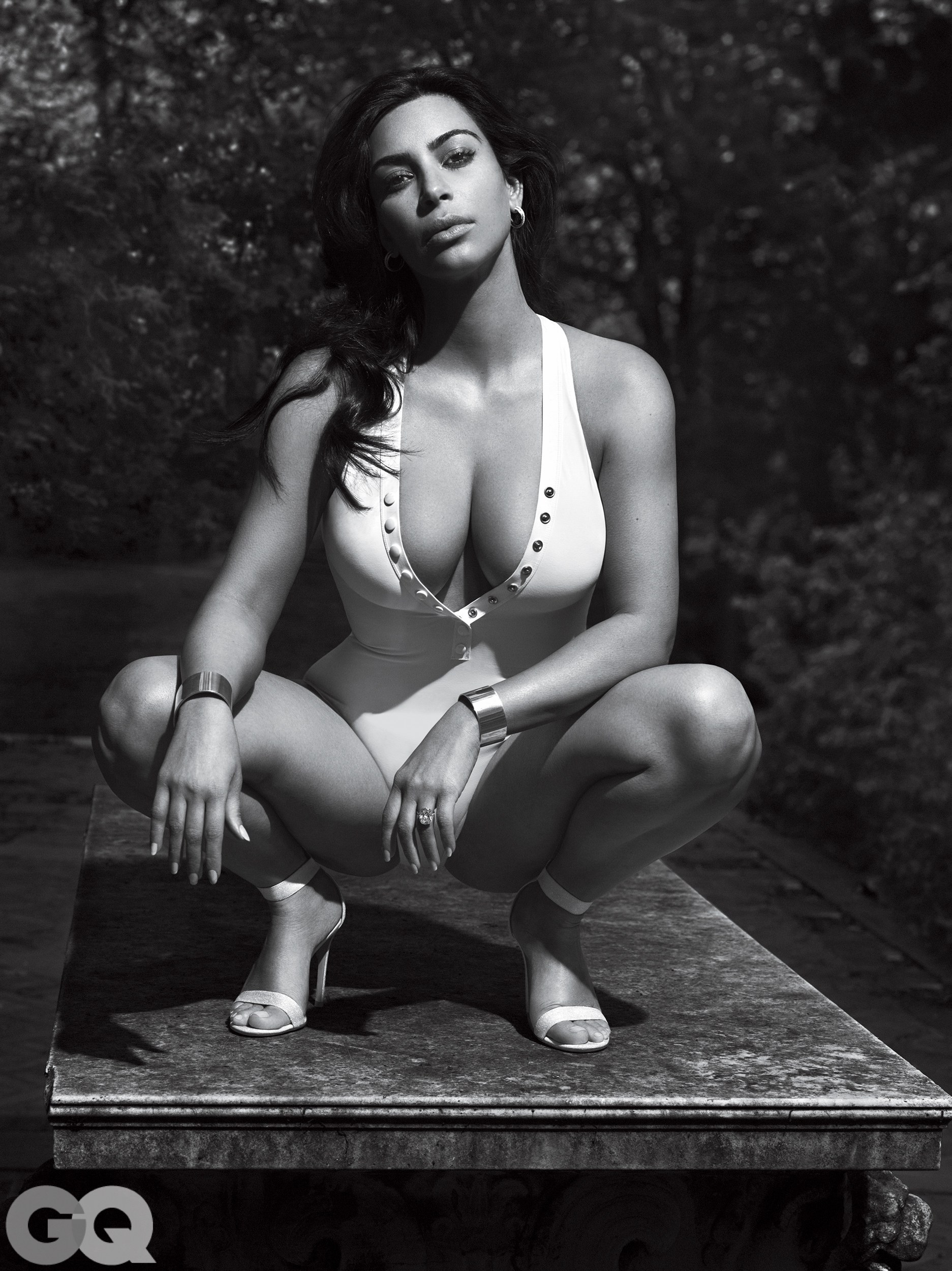 People 1873x2500 celebrity Kim Kardashian squatting high heels bikini looking at viewer curvy GQ Magazine cleavage big boobs women