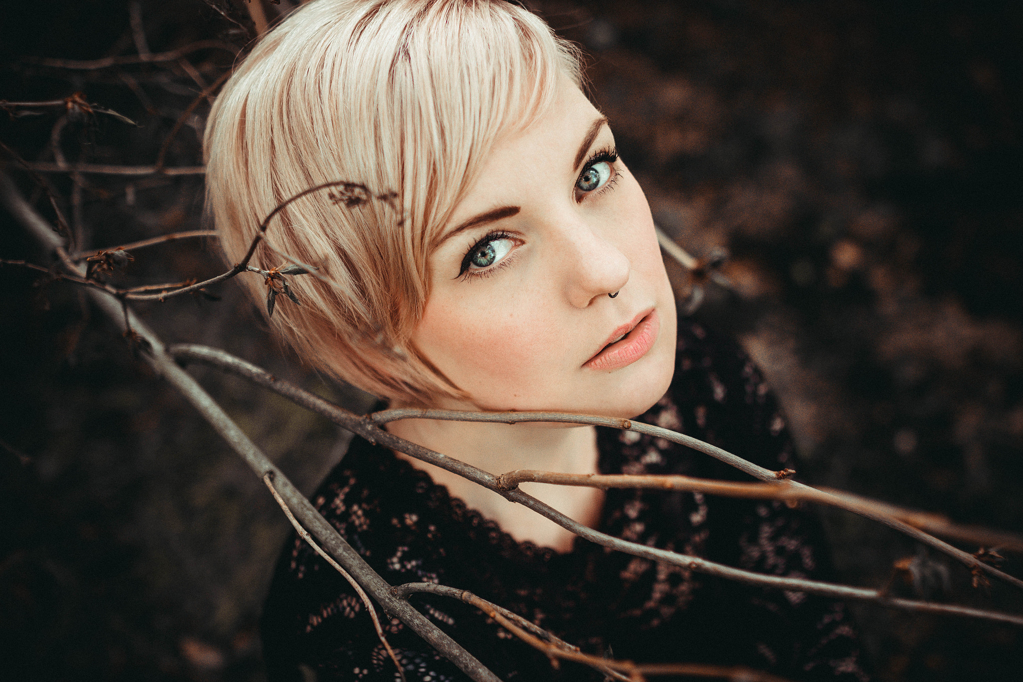 People 2048x1365 women blonde blue eyes short hair open mouth looking at viewer pierced nose Dominic Krug
