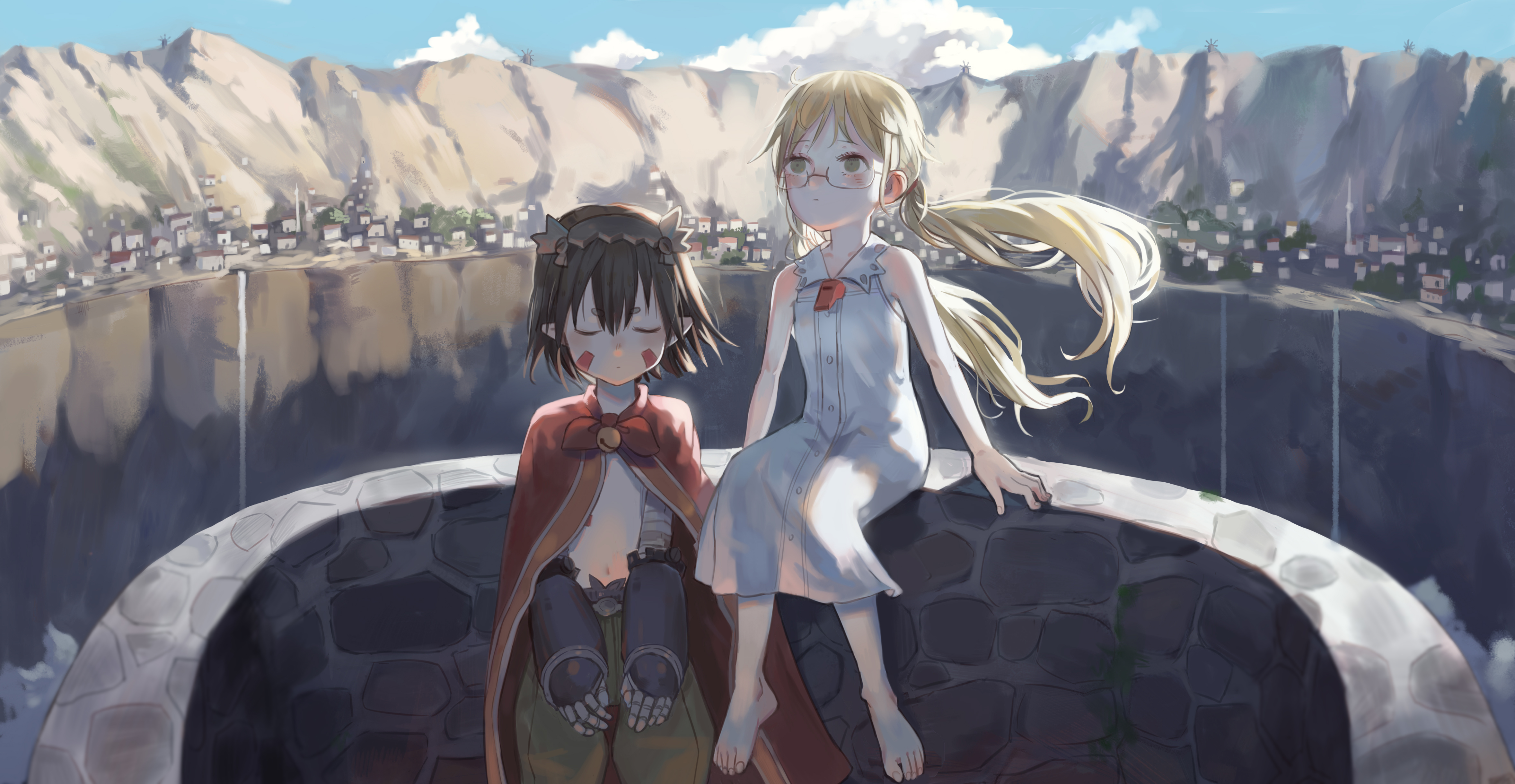 Anime 4717x2443 Made in Abyss Regu (Made in Abyss) Riko (Made in Abyss) anime boys anime girls white dress robot loli 2D anime meganekko twintails blushing closed eyes hair blowing in the wind fan art brunette long hair short hair green eyes blonde