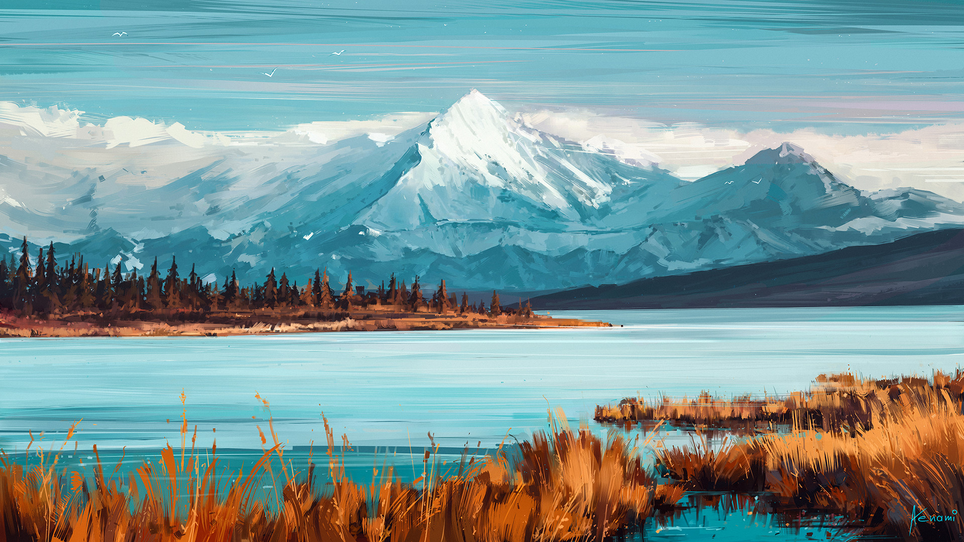 General 1920x1080 Aenami digital art mountains lake river landscape cyan orange white artwork