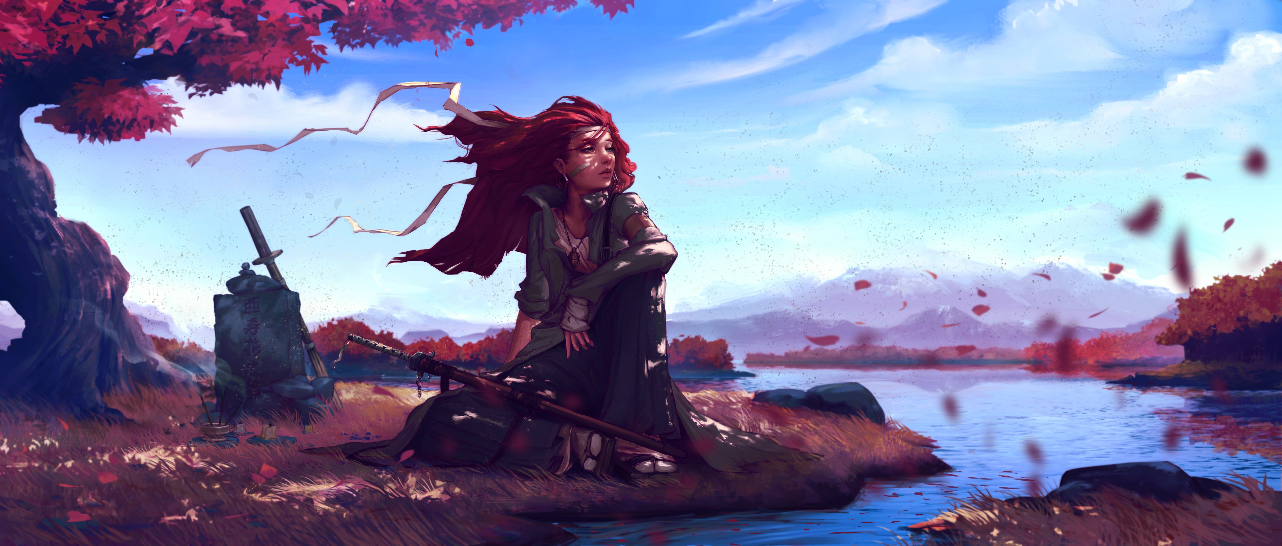Anime 4856x2070 anime girls sky leaves sword weapon river water landscape redhead