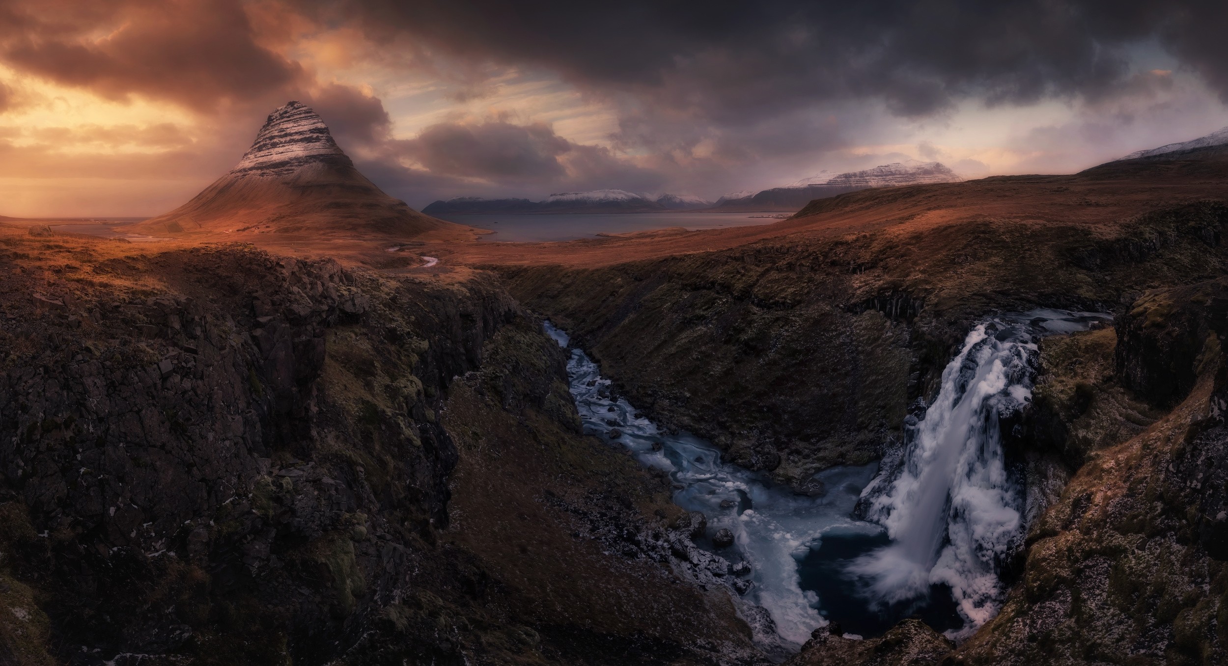 General 2500x1356 nature photography landscape mountains sunset waterfall river clouds road snowy peak Iceland Kirkjufell