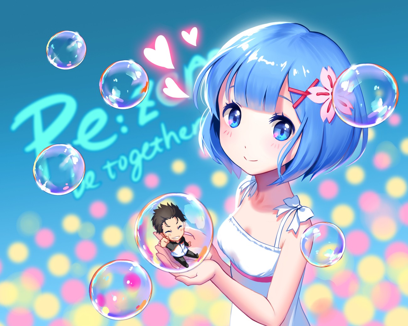 Anime 1300x1040 anime bubbles anime girls blue hair blue blue eyes blue background Rem (Re:Zero) Re:Zero Kara Hajimeru Isekai Seikatsu