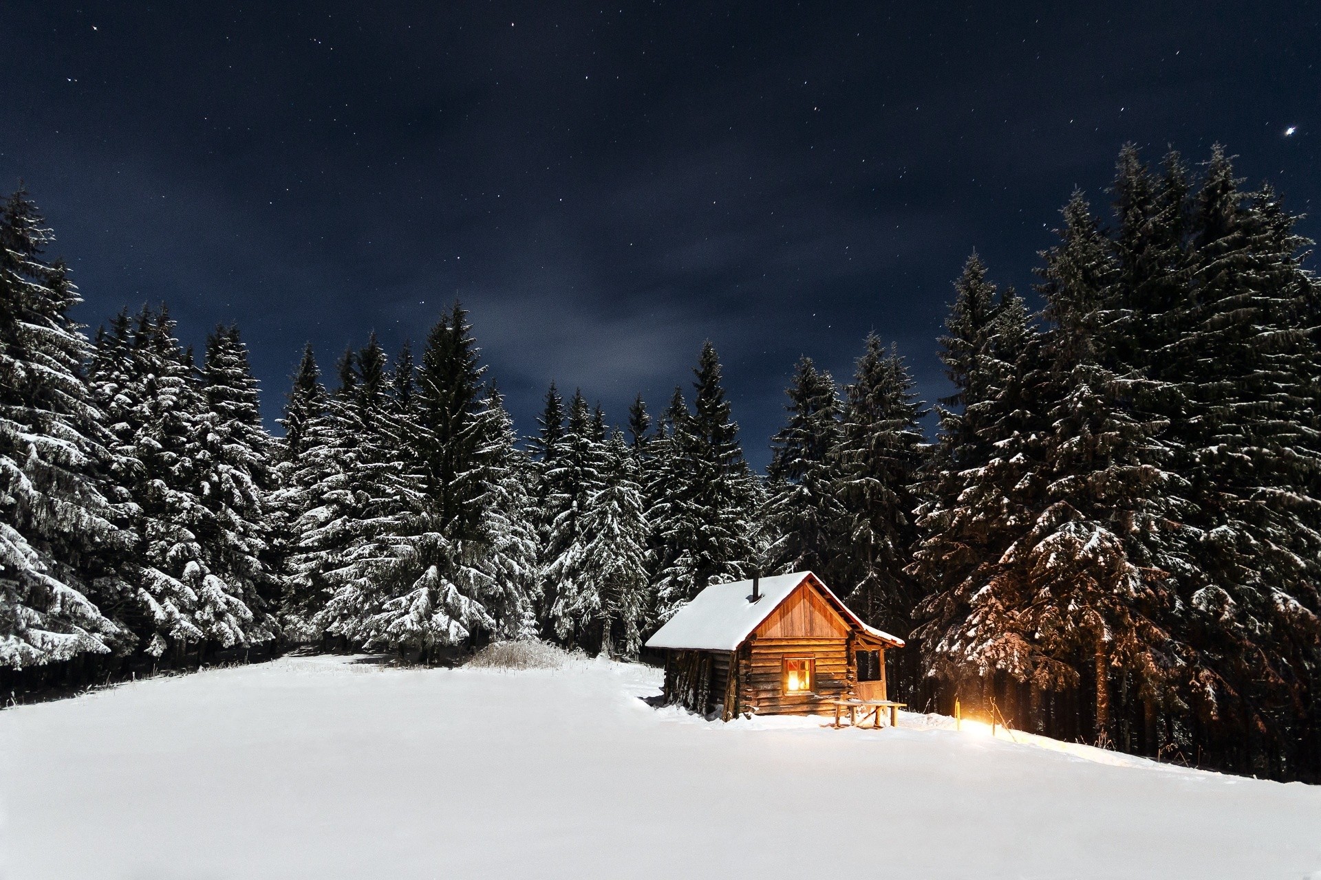 General 1920x1280 snow pine trees stars cabin winter night starred sky forest low light
