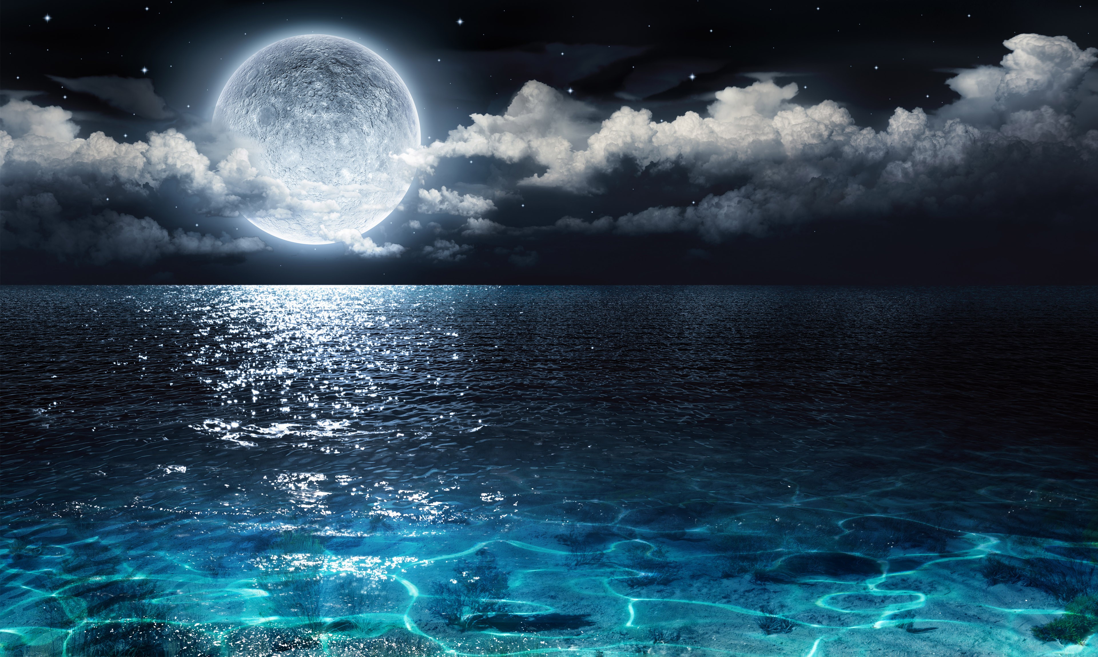 General 3840x2300 Moon sky night digital art water dark
