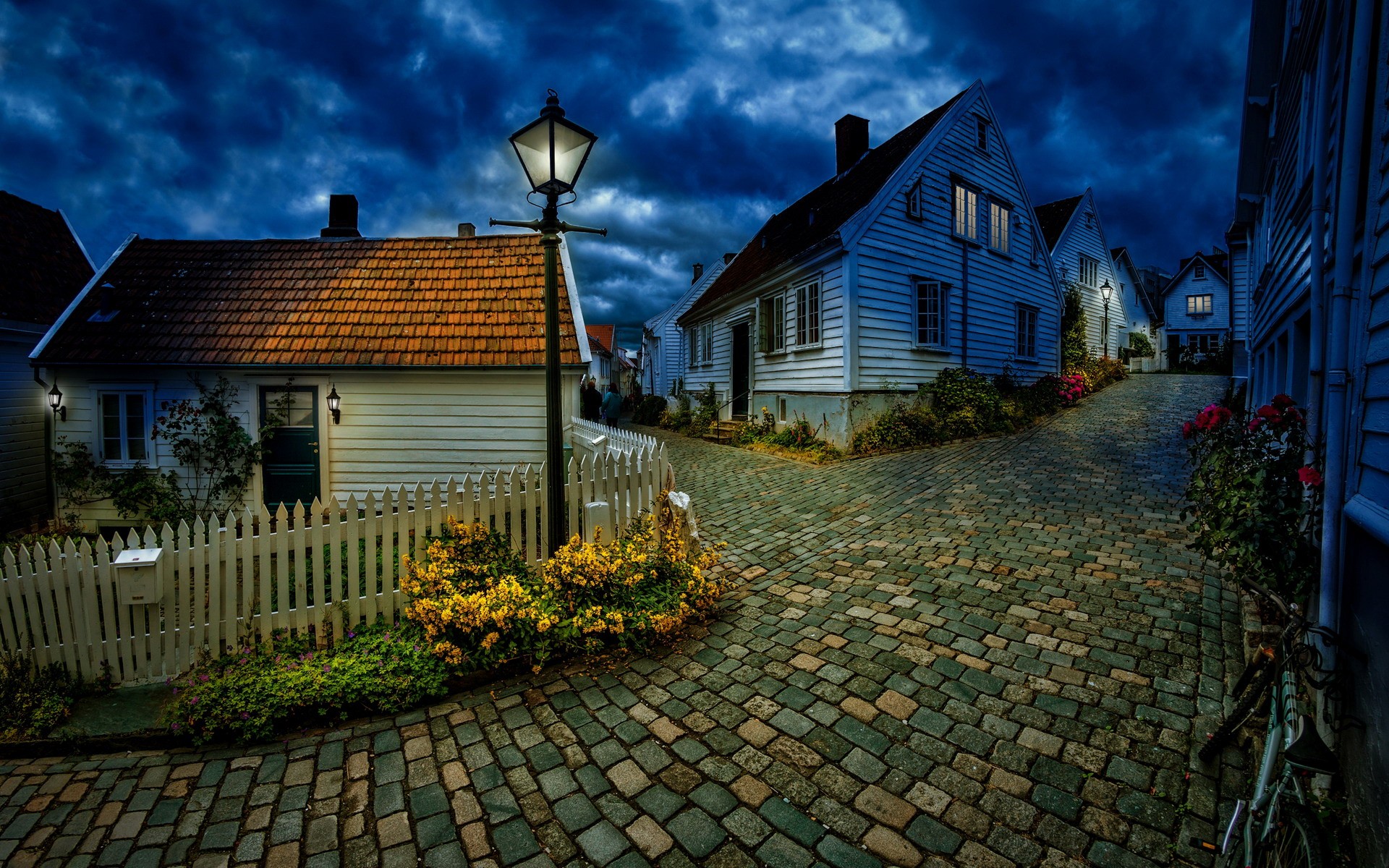 General 1920x1200 architecture building nature Norway house night street village street light hills clouds fence calm idyllic