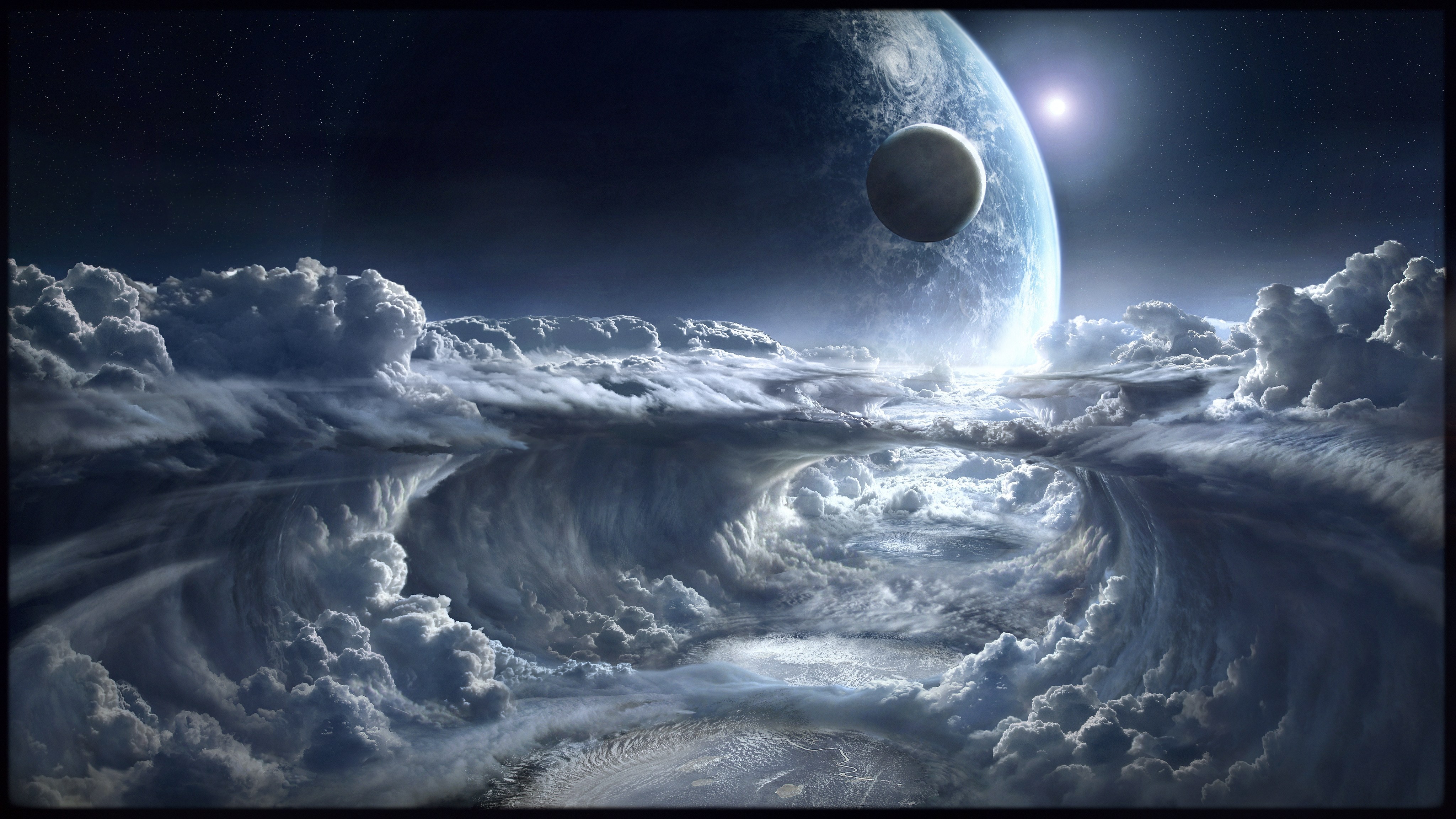 General 4096x2304 space moon rays space art clouds digital art planet blue sky