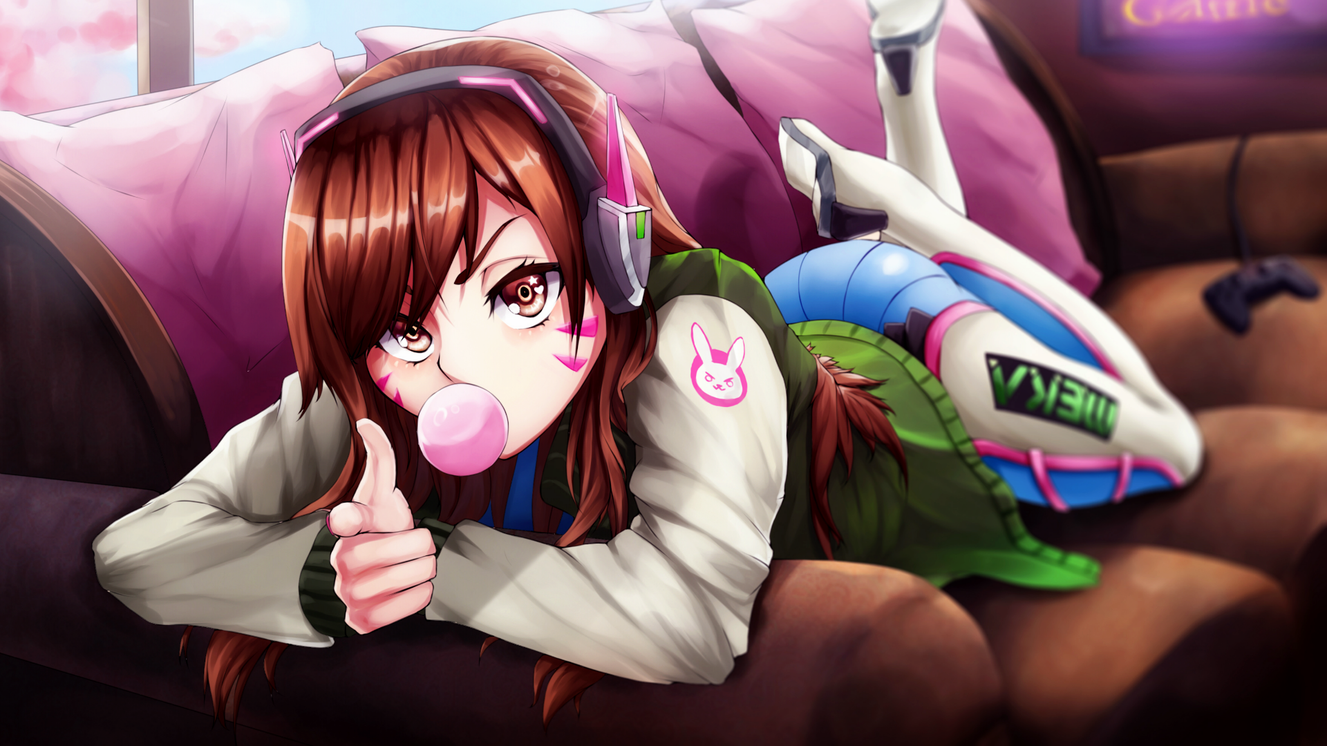 Anime 1920x1080 anime bubble gum anime girls couch PC gaming lying on front D.Va (Overwatch)