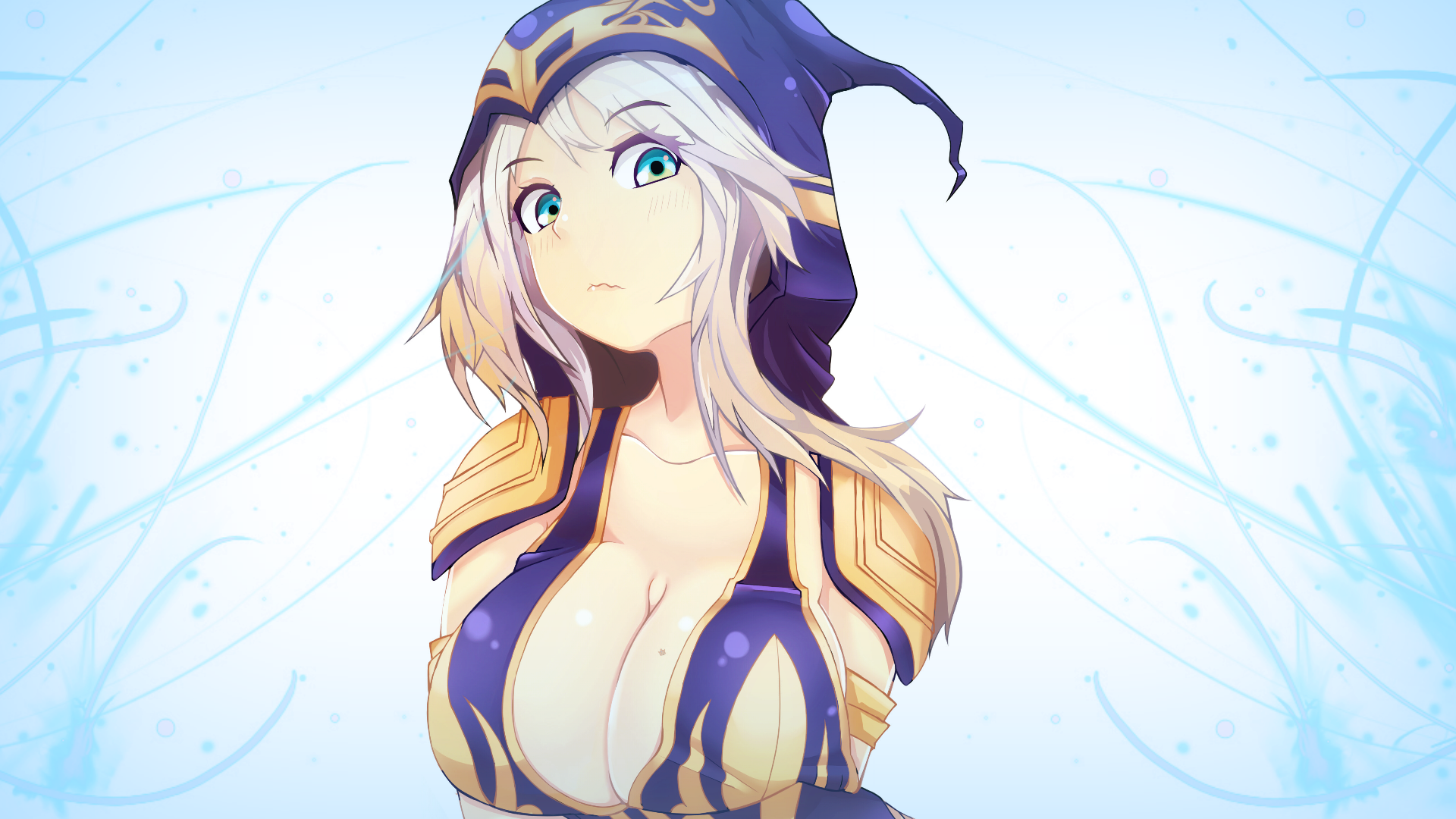 Anime 1920x1080 anime League of Legends Ashe (League of Legends) PC gaming fan art boobs big boobs huge breasts curvy looking at viewer video game girls video game characters aqua eyes women white background