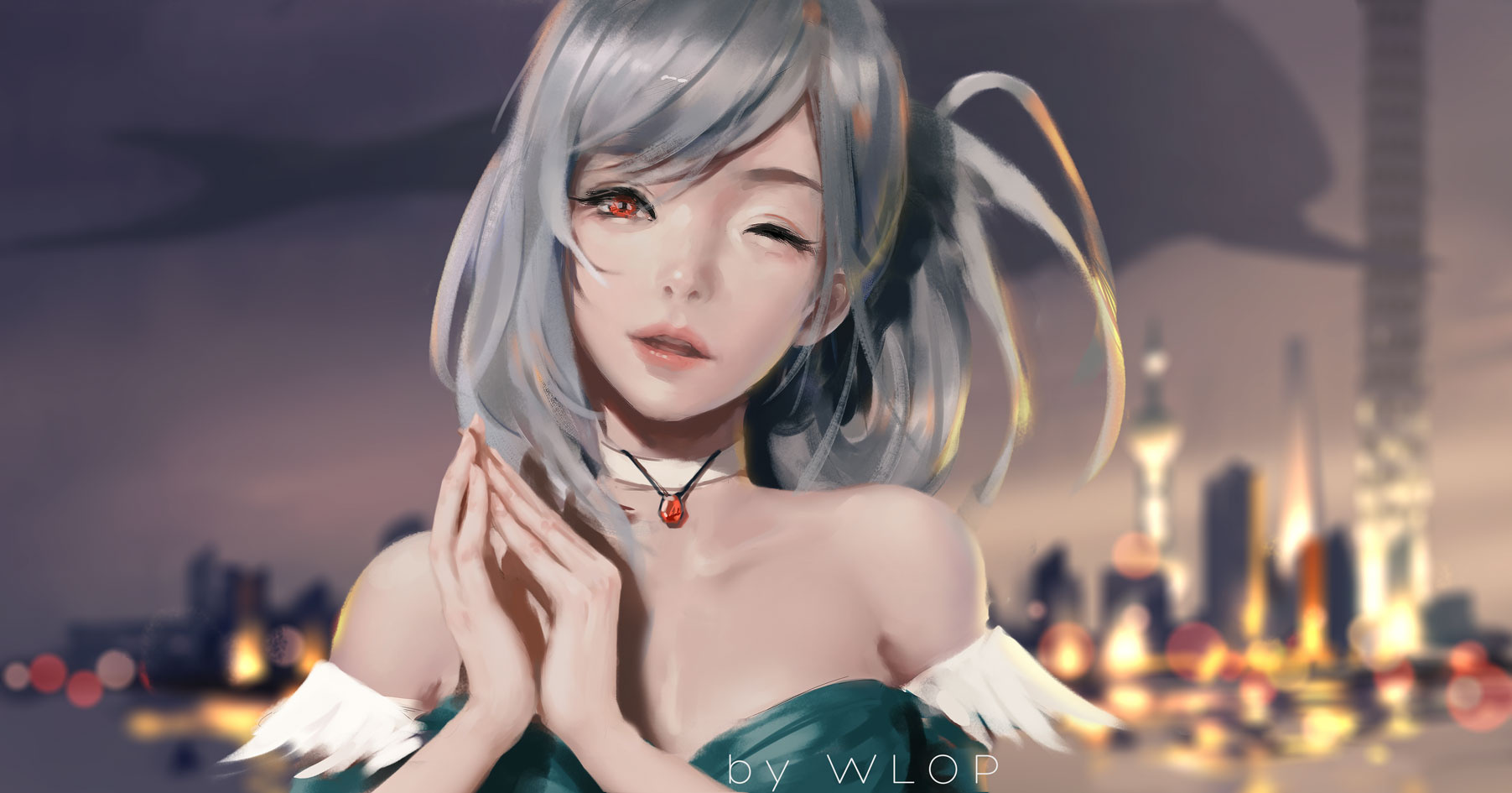 General 1803x945 WLOP gray hair Dungeon and Fighter women digital art red eyes one eye closed parted lips short hair looking at viewer bokeh blurred blurry background