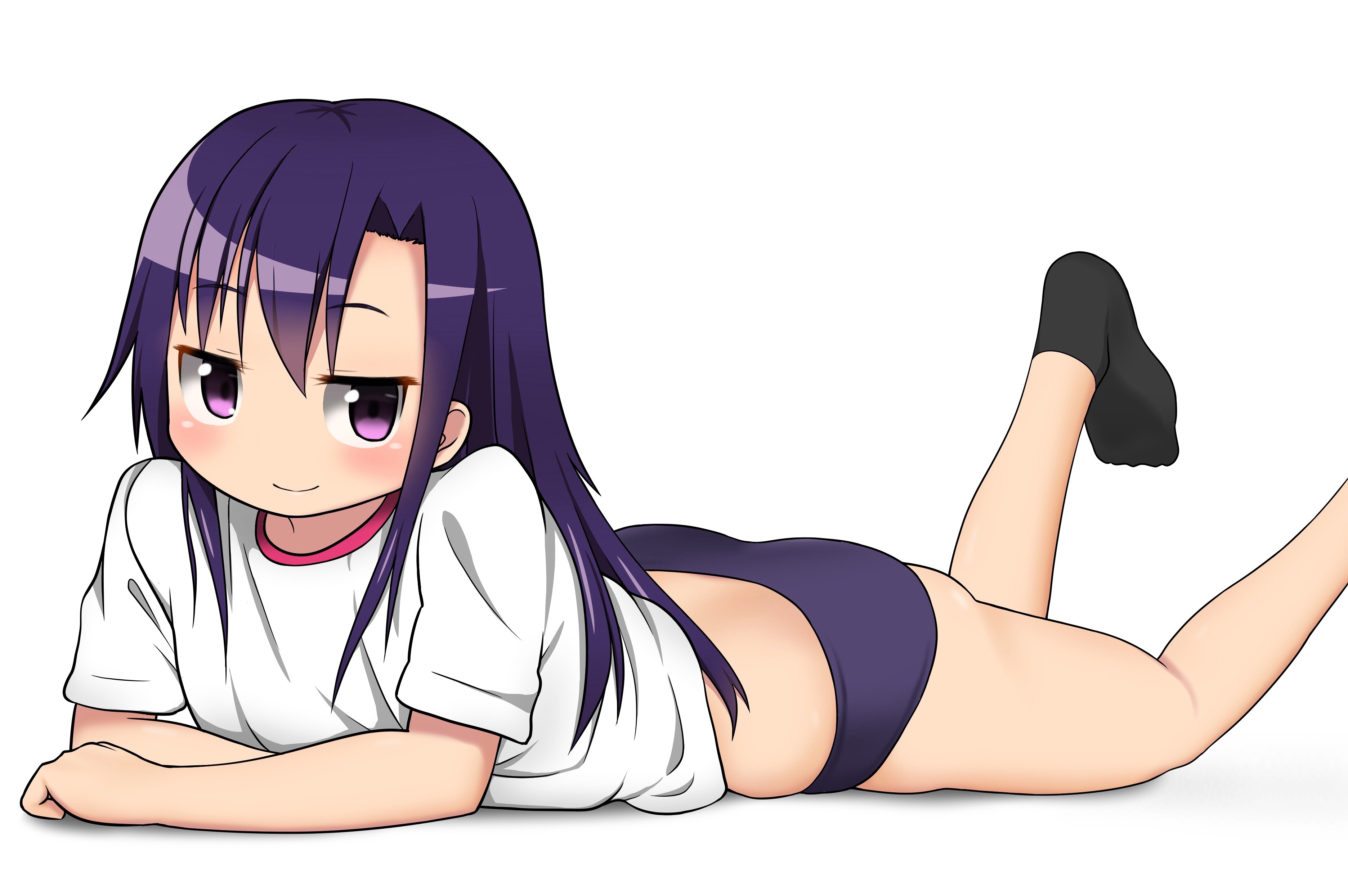 Anime 3743x2489 Kill me Baby white background anime purple eyes purple hair lying on front