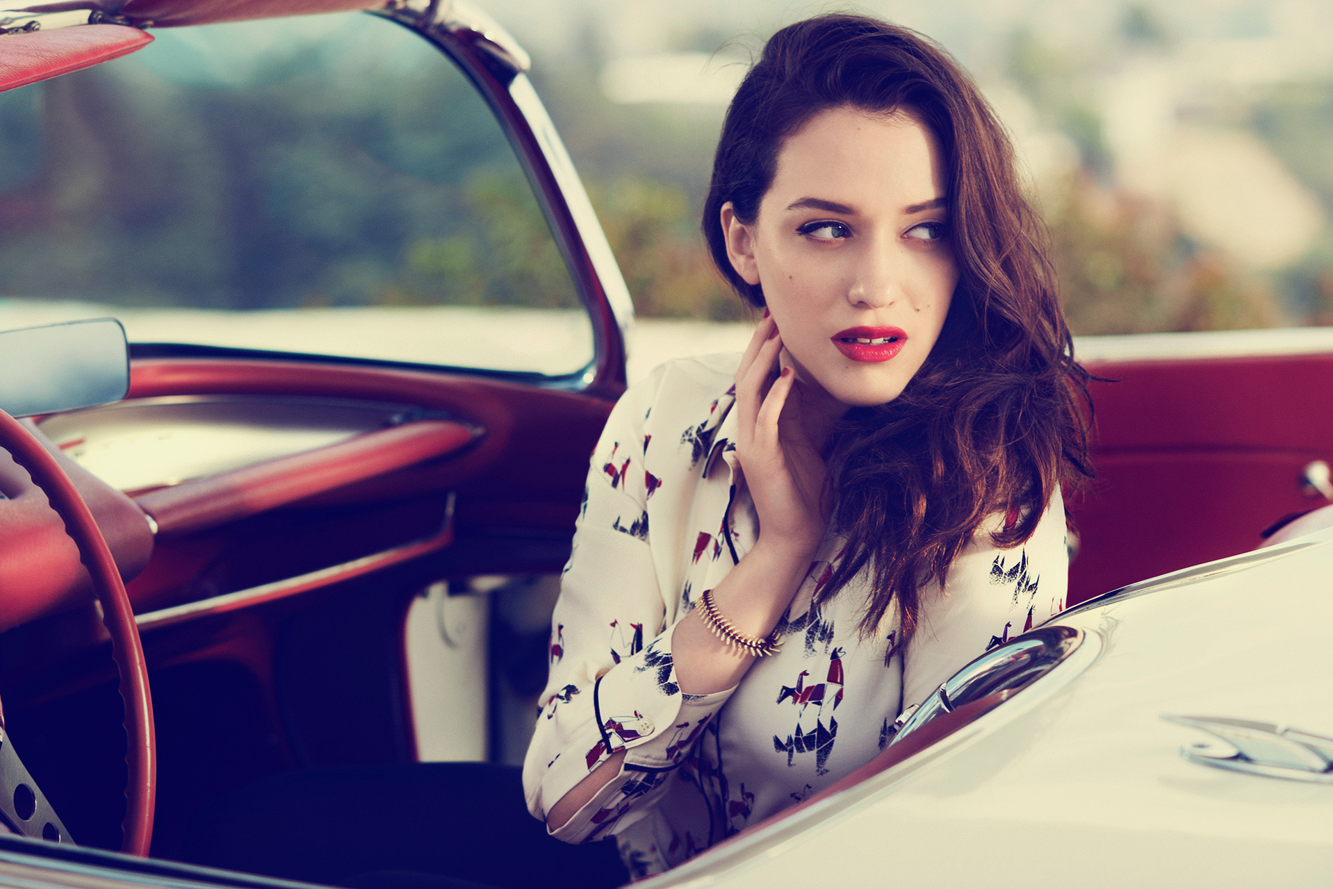 People 1918x1280 Kat Dennings actress women outdoors red lipstick car women with cars women car interior looking away brunette white shirt touching face red nails open mouth