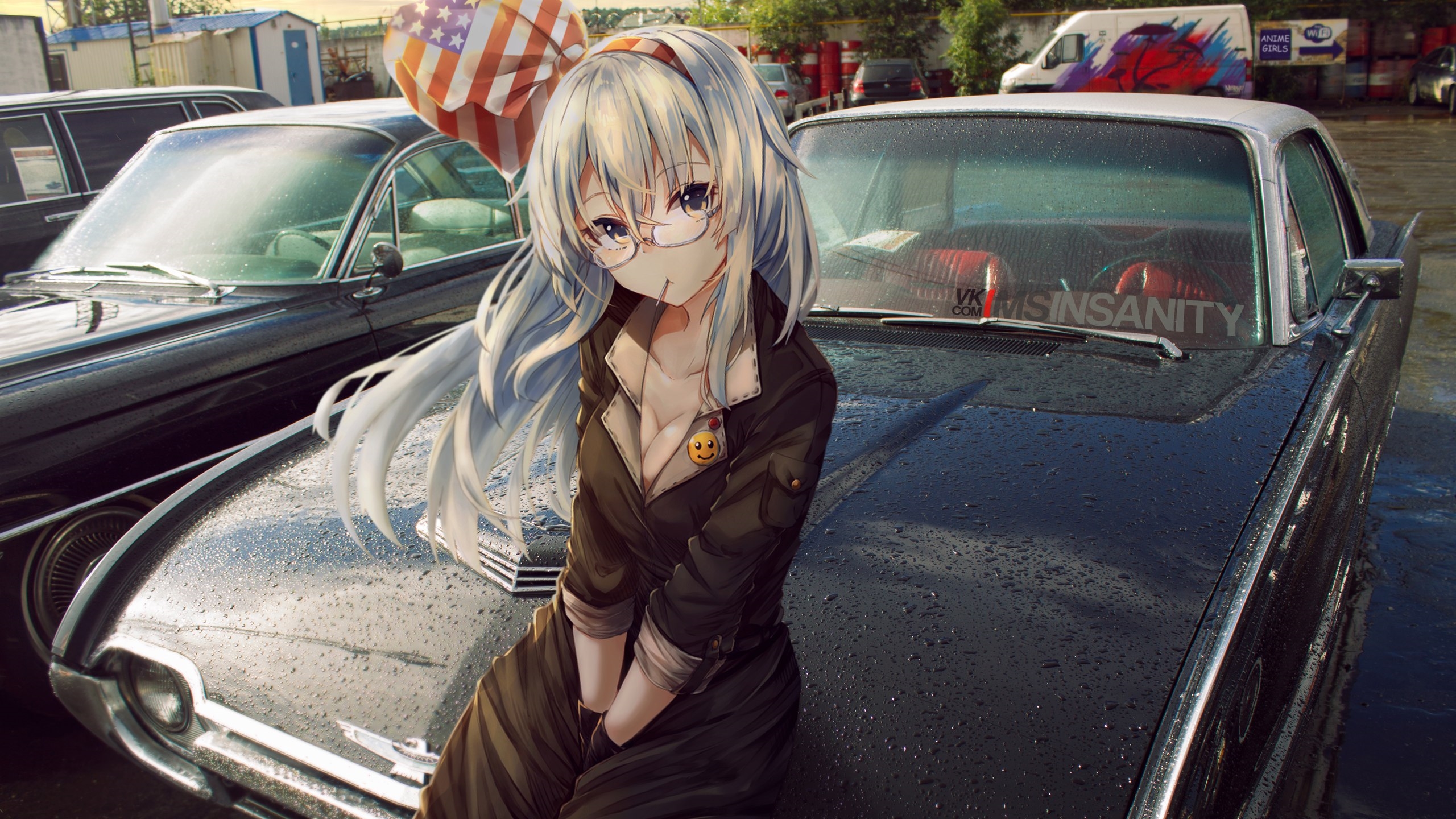 Anime 2560x1440 anime girls white hair women with cars car silver hair brown eyes glasses cleavage animeirl