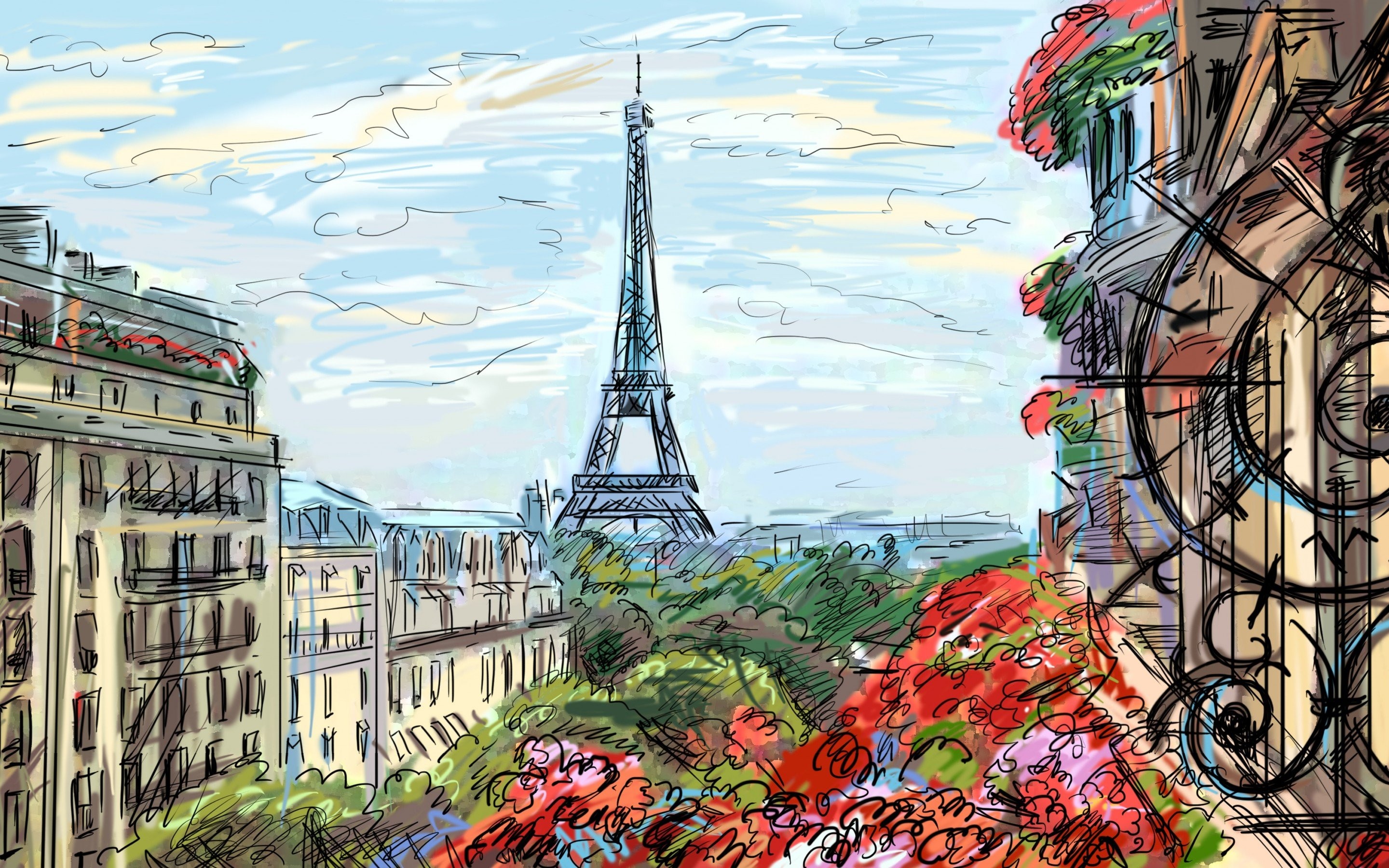 General 2880x1800 painting France Paris Eiffel Tower building flowers drawing artwork digital art